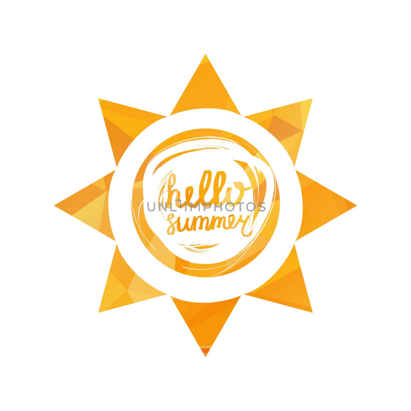 Hello Summer Lettering by brush. Typographic vacation and travel hand drawn poster with yellow sun bright background. Vector