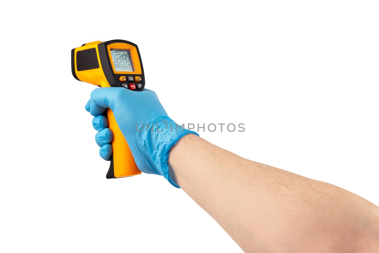 hand in blue medical latex glove aiming with infrared contactless thermometer isolated on white background, mockup display state with all symbols on.