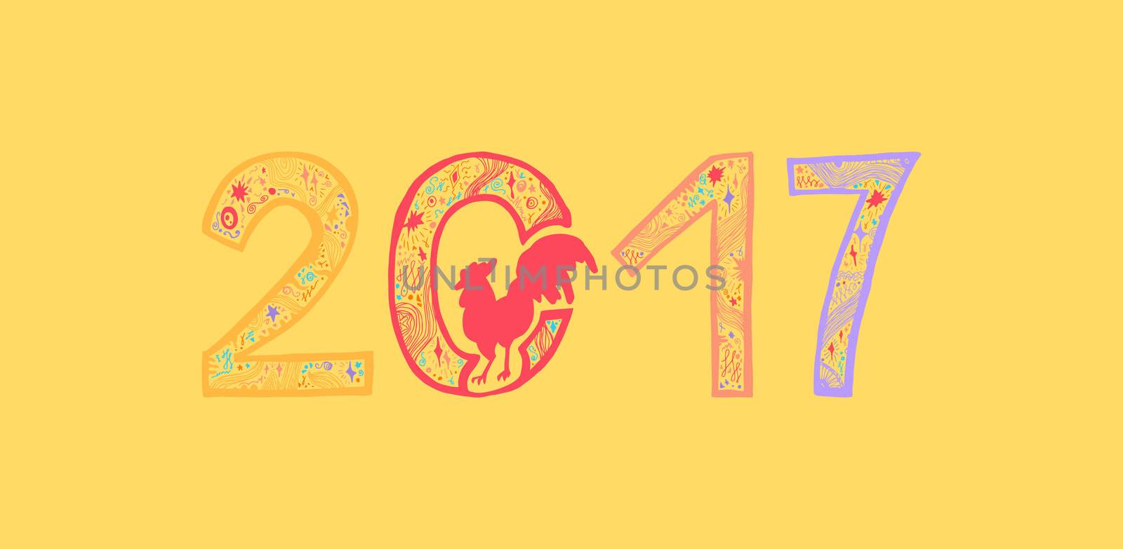 Lettering 2017 with cock for print, poster, sticker. Happy new year greeting card. Vector