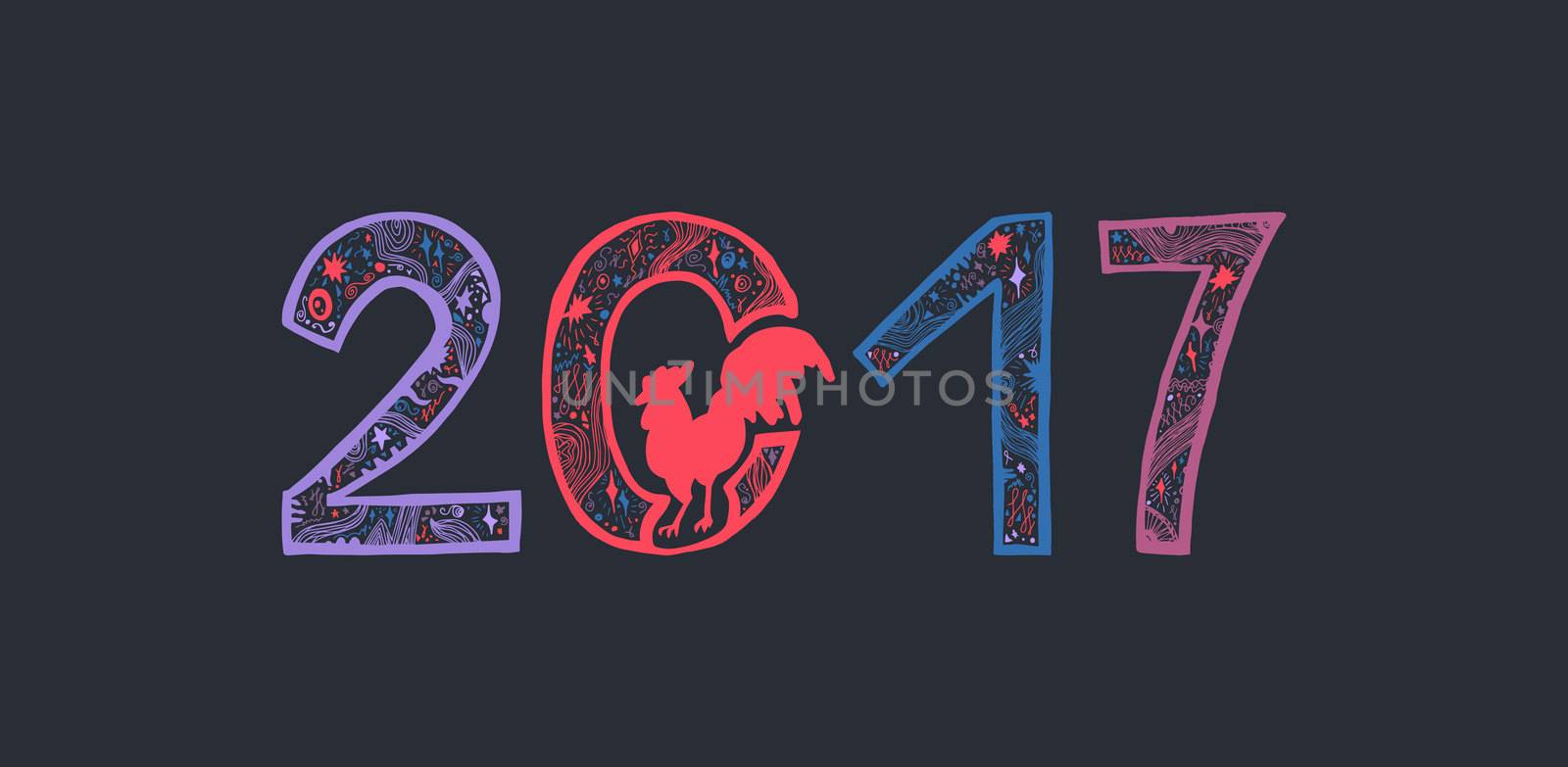 Lettering 2017 with cock for print, poster, sticker. Happy new year greeting card. Vector