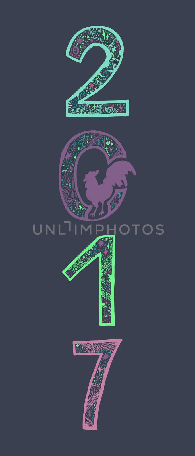 Lettering 2017 with cock for print, poster, sticker. Happy new year greeting card. Vector