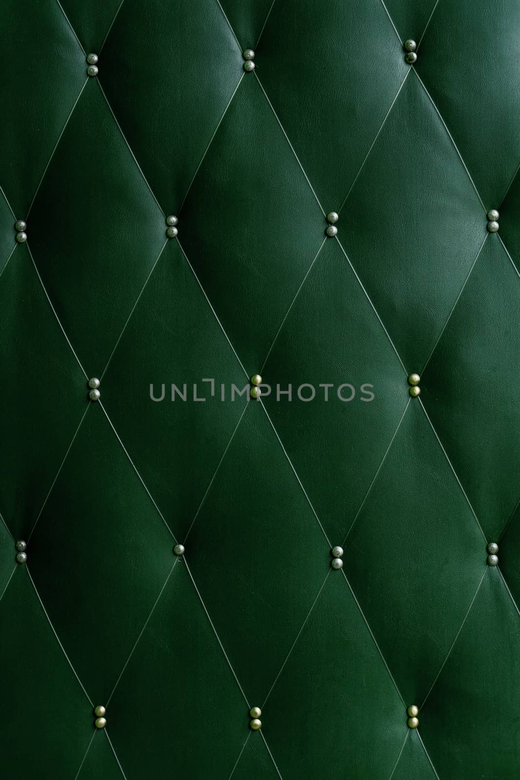 Soviet soft green dermantine front door with a banner of fishing line and nails - full frame background and texture.