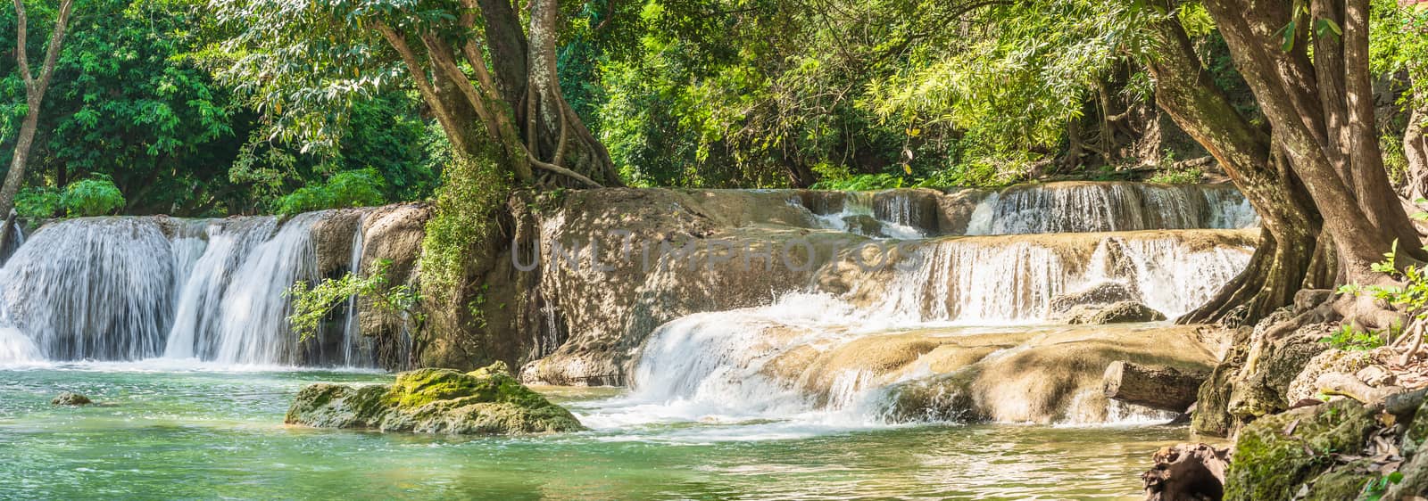 Panorama Waterfall in a forest on the mountain in tropical forest at Waterfall Chet Sao Noi in National park Saraburi province, Thailand