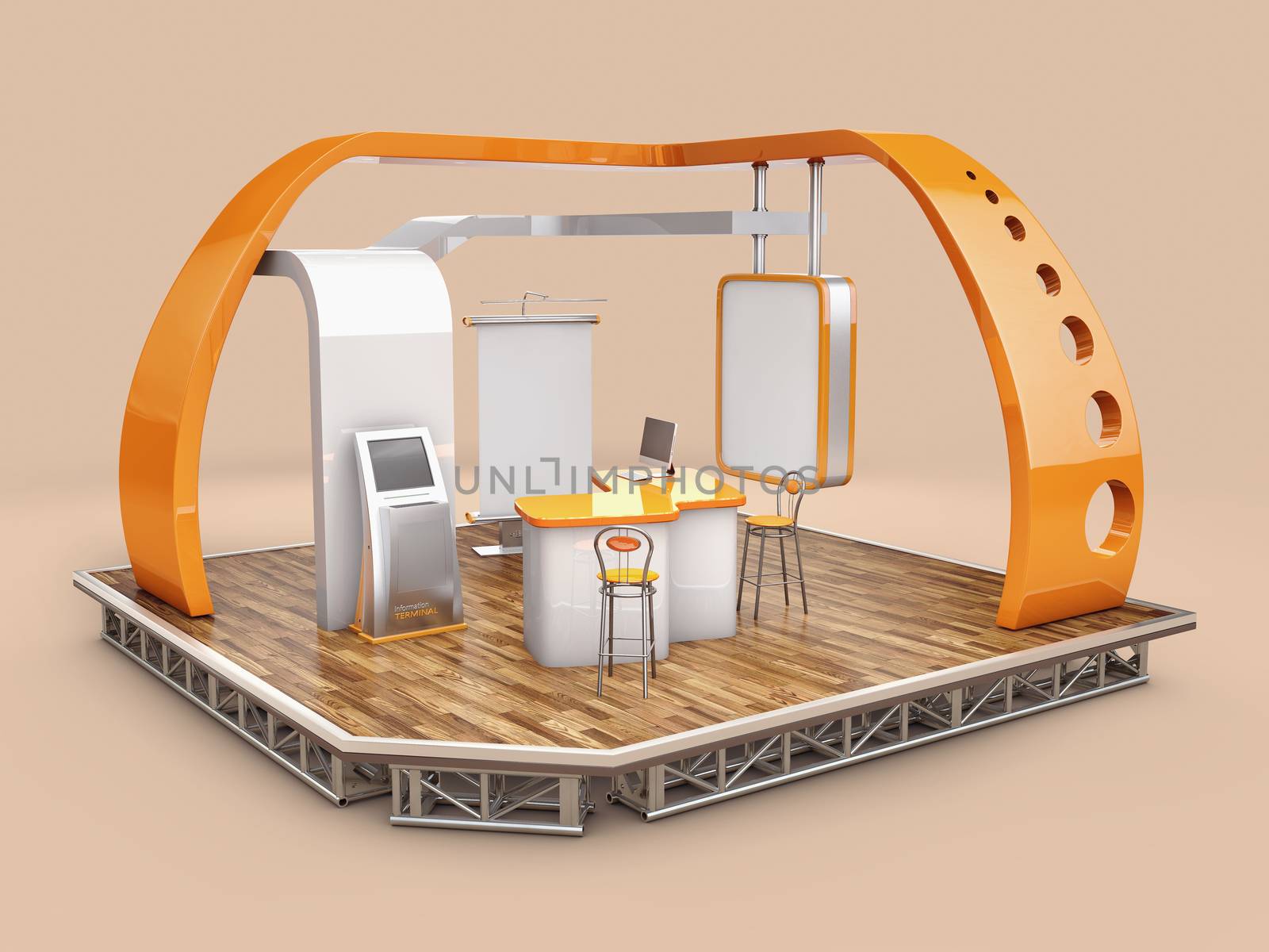 3d Rendering of stand, design with table and chair, info board, roll up. Clipping path included.