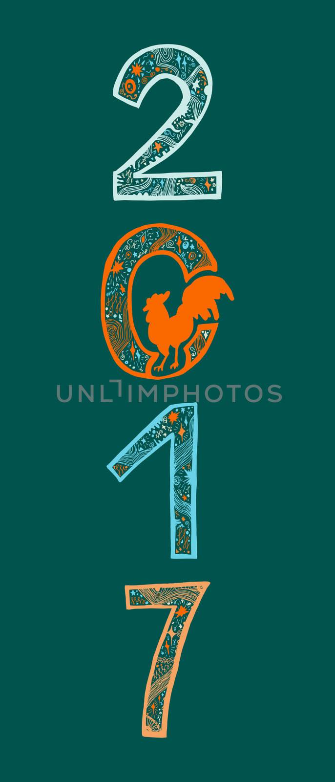 Lettering 2017 with cock for print, poster, sticker. Happy new year greeting card. Vector