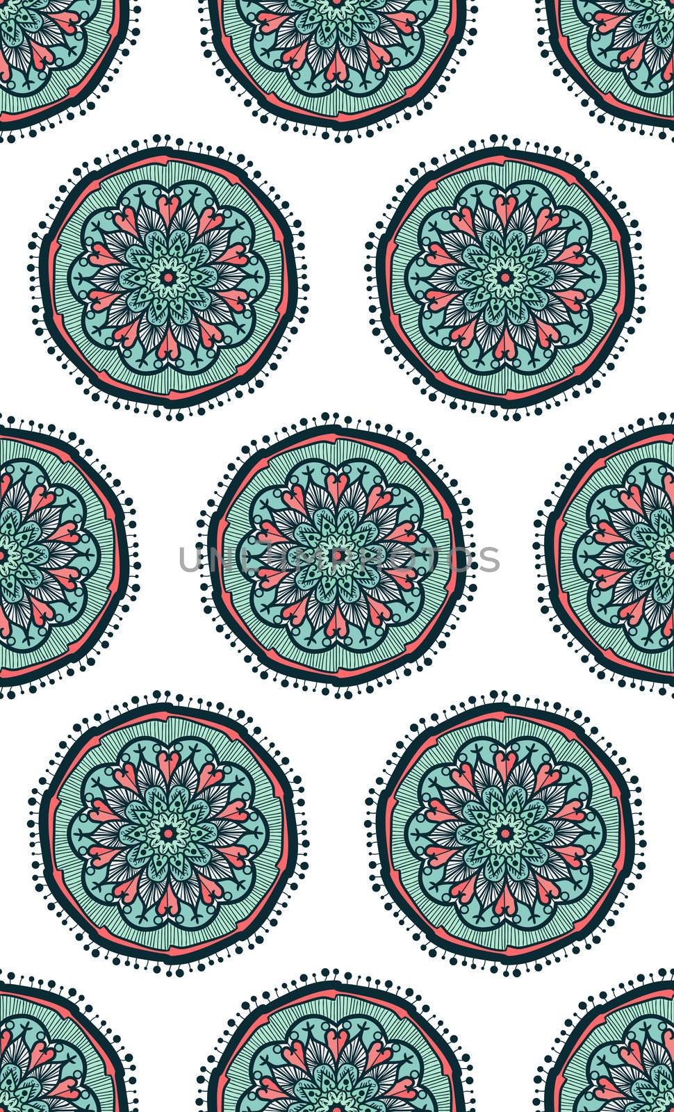Hand drawn Mandala Seamless Pattern. Arabic, indian, turkish and ottoman culture decoration style. Ethnic ornamental background. Magic vintage template of greeting, card, print, cloth, tattoo. Vector
