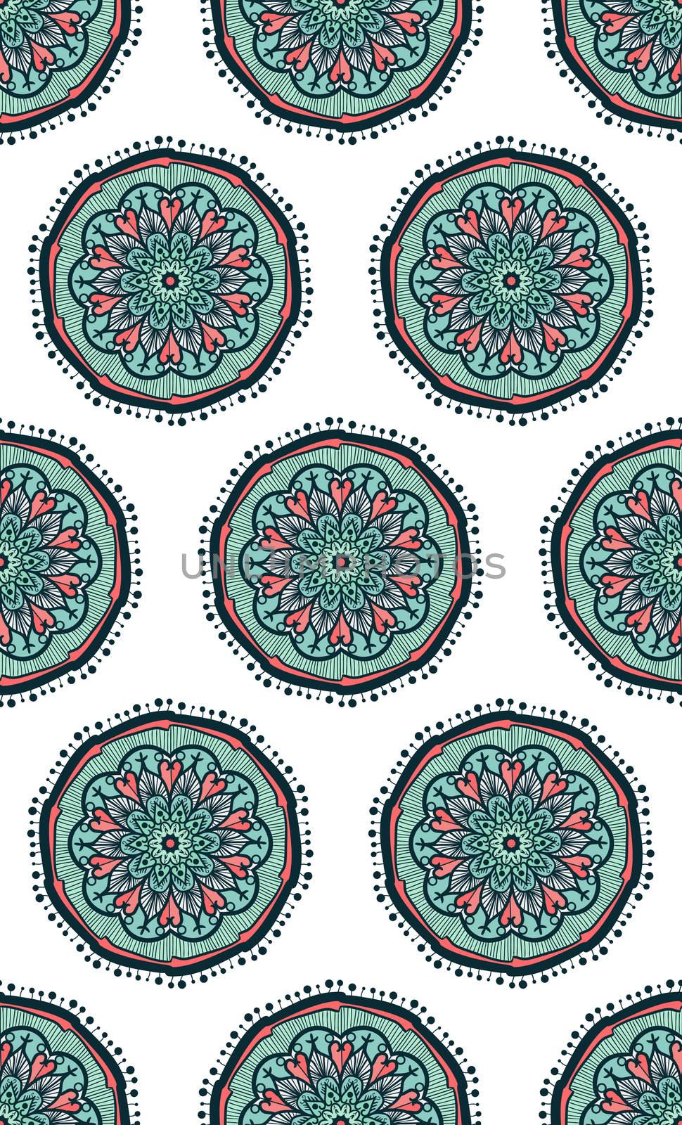 Hand drawn Mandala Seamless Pattern. Arabic, indian, turkish and ottoman culture decoration style. Ethnic ornamental background. Magic vintage template of greeting, card, print, cloth, tattoo. Vector