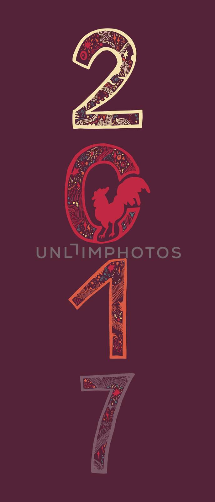 Lettering 2017 with cock for print, poster, sticker. Happy new year greeting card. Vector