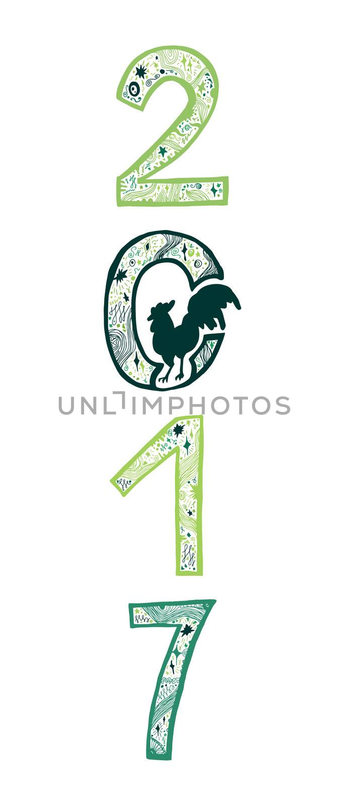 Lettering 2017 with cock for print, poster, sticker. Happy new year greeting card. Vector