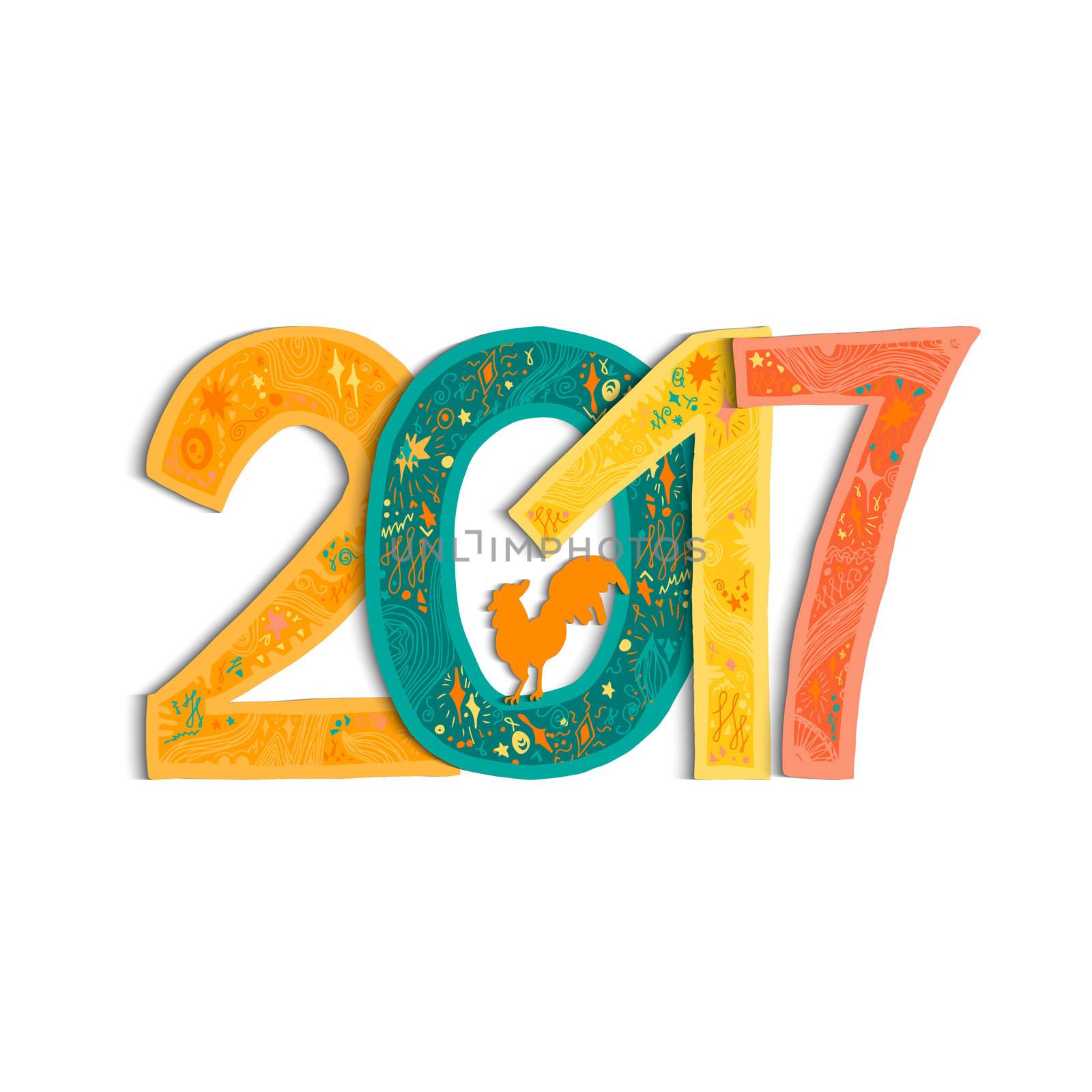 New Year Banner with lettering 2017 and cock for print, poster, sticker. Happy new year greeting card with xmas doodles. . Vector