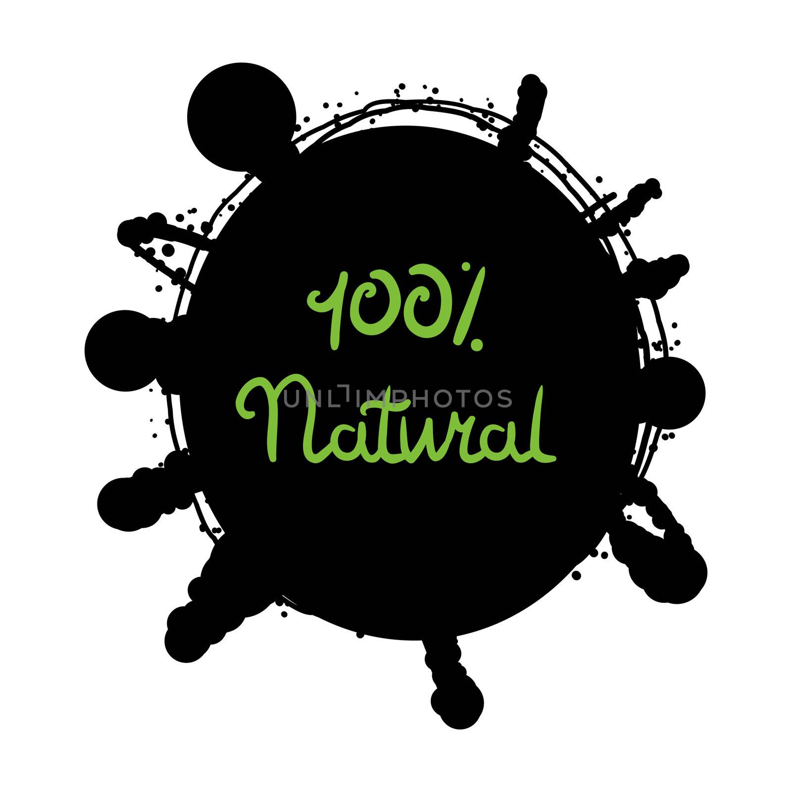 Hand drawn ecology and 100 percents natural lettering badge. Isolated grunge sticker or nature icon of quality for banner, web, card, print. Eco design. Vector