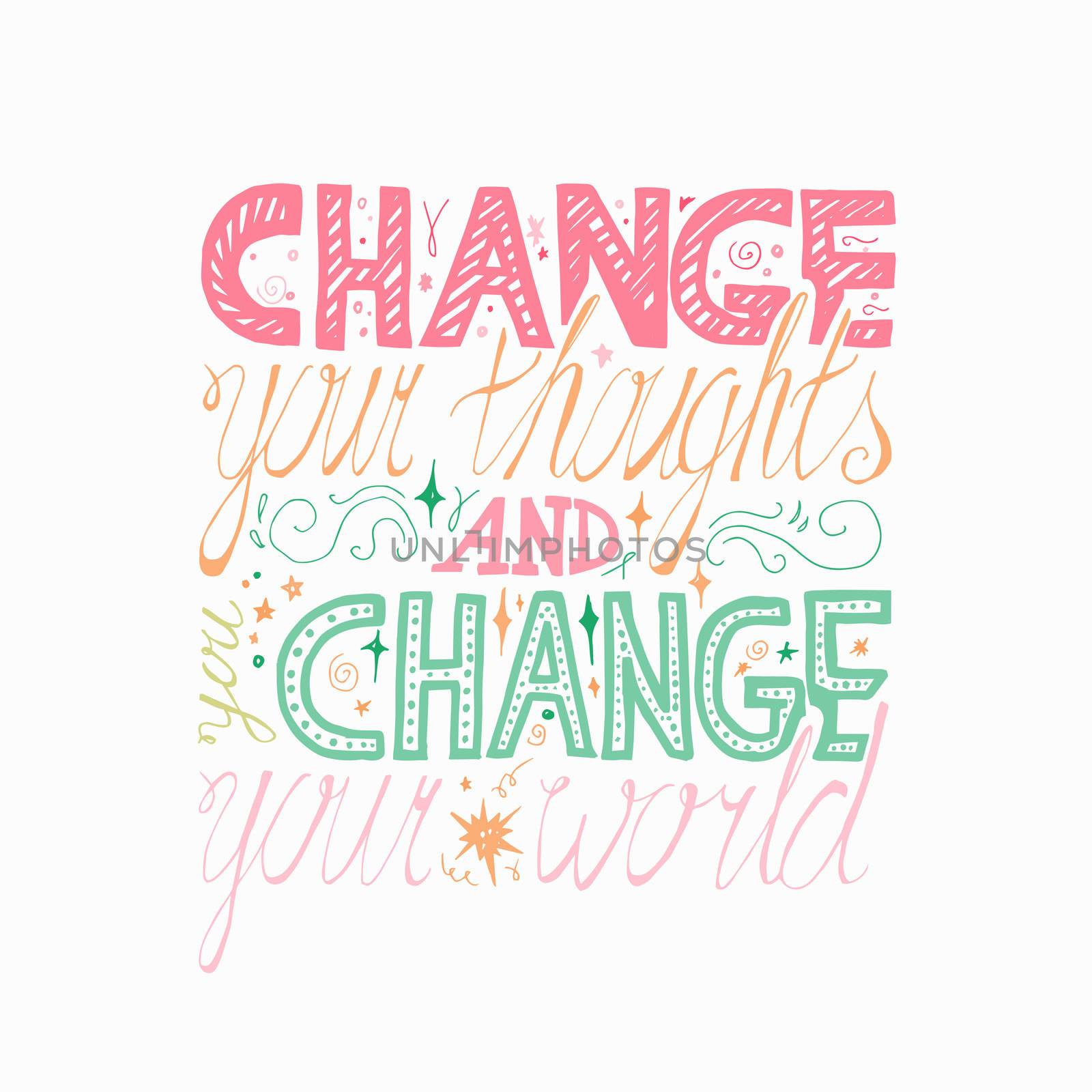 Lettering motivation poster. Quote about dream and believe for fabric, print, decor, greeting card. Change your thoughts and you change your world. Vector