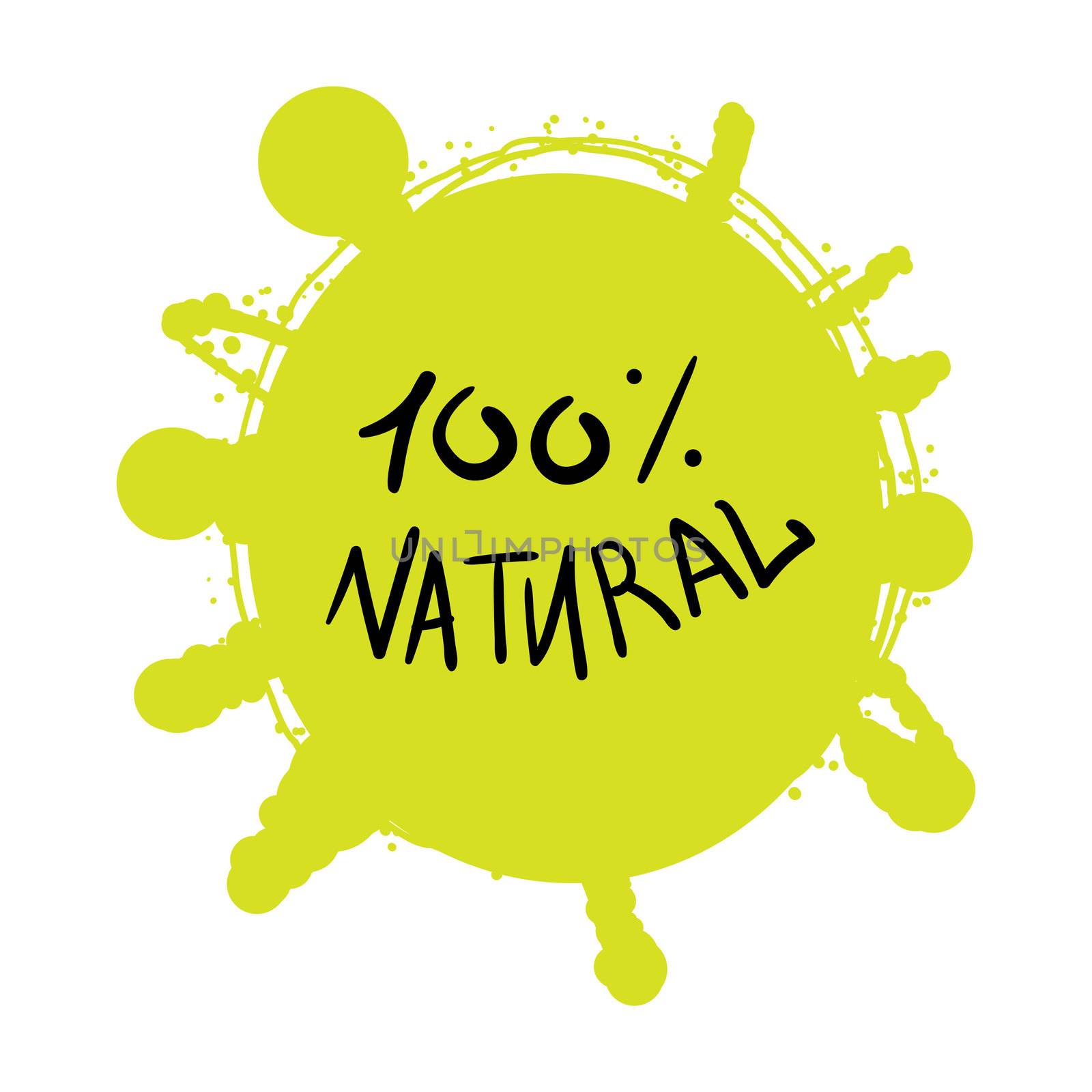 Hand drawn ecology and 100 percents natural lettering badge. Isolated grunge sticker or nature icon of quality for banner, web, card, print. Eco design. Vector