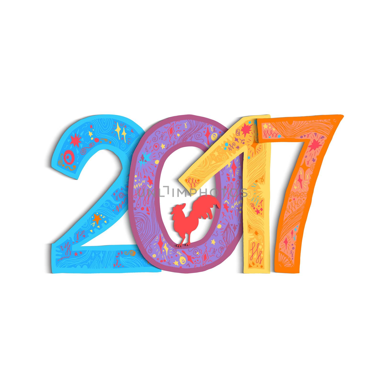 New Year Banner with lettering 2017 and cock for print, poster, sticker. Happy new year greeting card with xmas doodles. . Vector