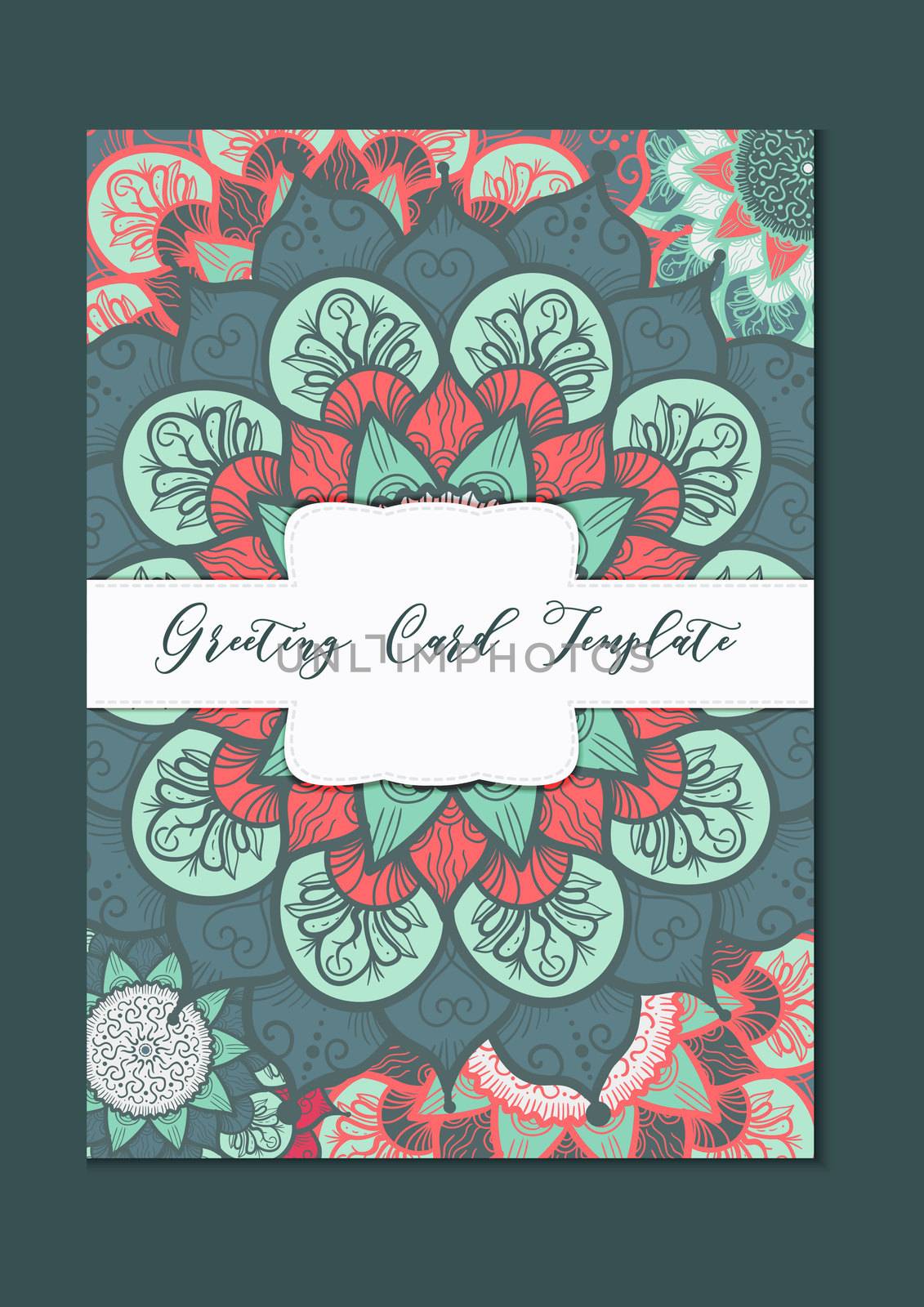 Mandala vintage template card in arabic and indian, islam and ottoman, turkish, asian style for brochure, flyer, greeting, invitation card, cover. Format A4. Floral holiday ornamental design. Vector