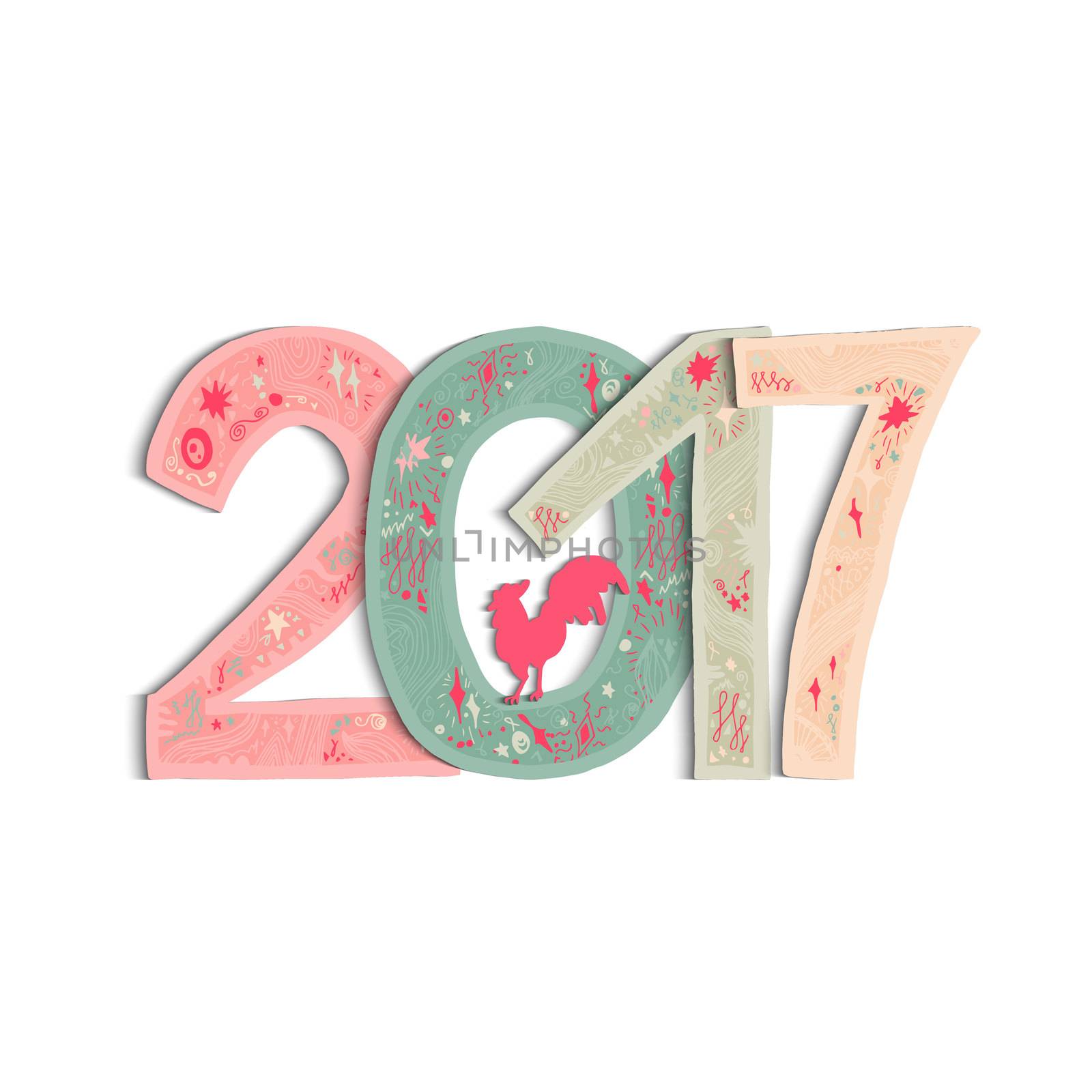 New Year Banner with lettering 2017 and cock for print, poster, sticker. Happy new year greeting card with xmas doodles. . Vector