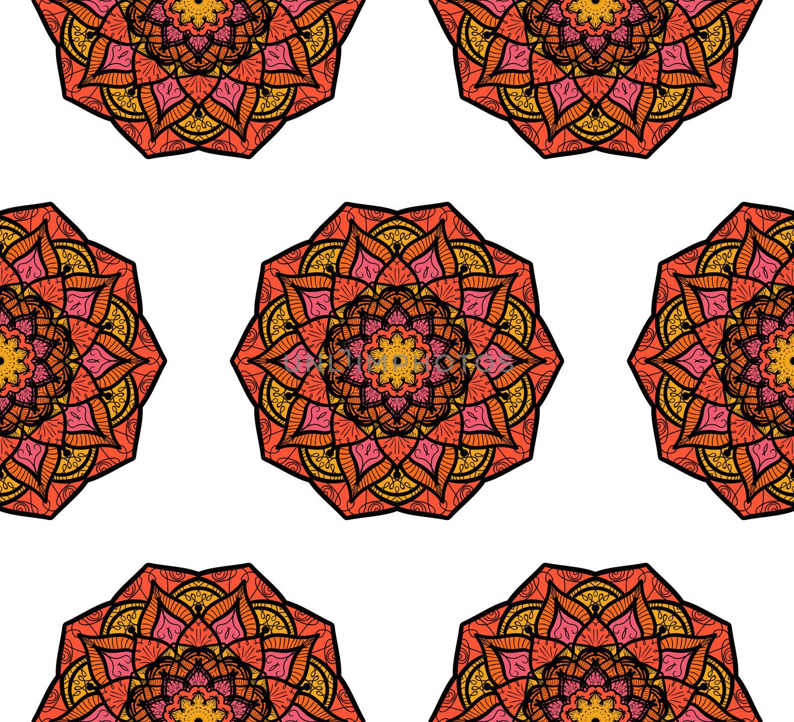 Hand drawn Mandala Seamless Pattern. Arabic, indian, turkish and ottoman culture decoration style. Ethnic ornamental background. Magic vintage template of greeting, card, print, cloth, tattoo. Vector