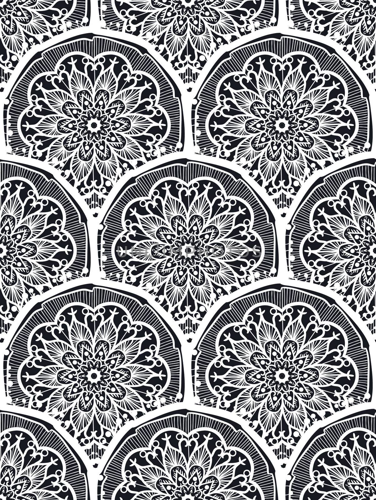 Hand drawn Black White Mandala Seamless Pattern. Arabic, indian, turkish and ottoman culture decoration style. Ethnic ornamental background. Vintage template of greeting, print, cloth, tattoo. Vector