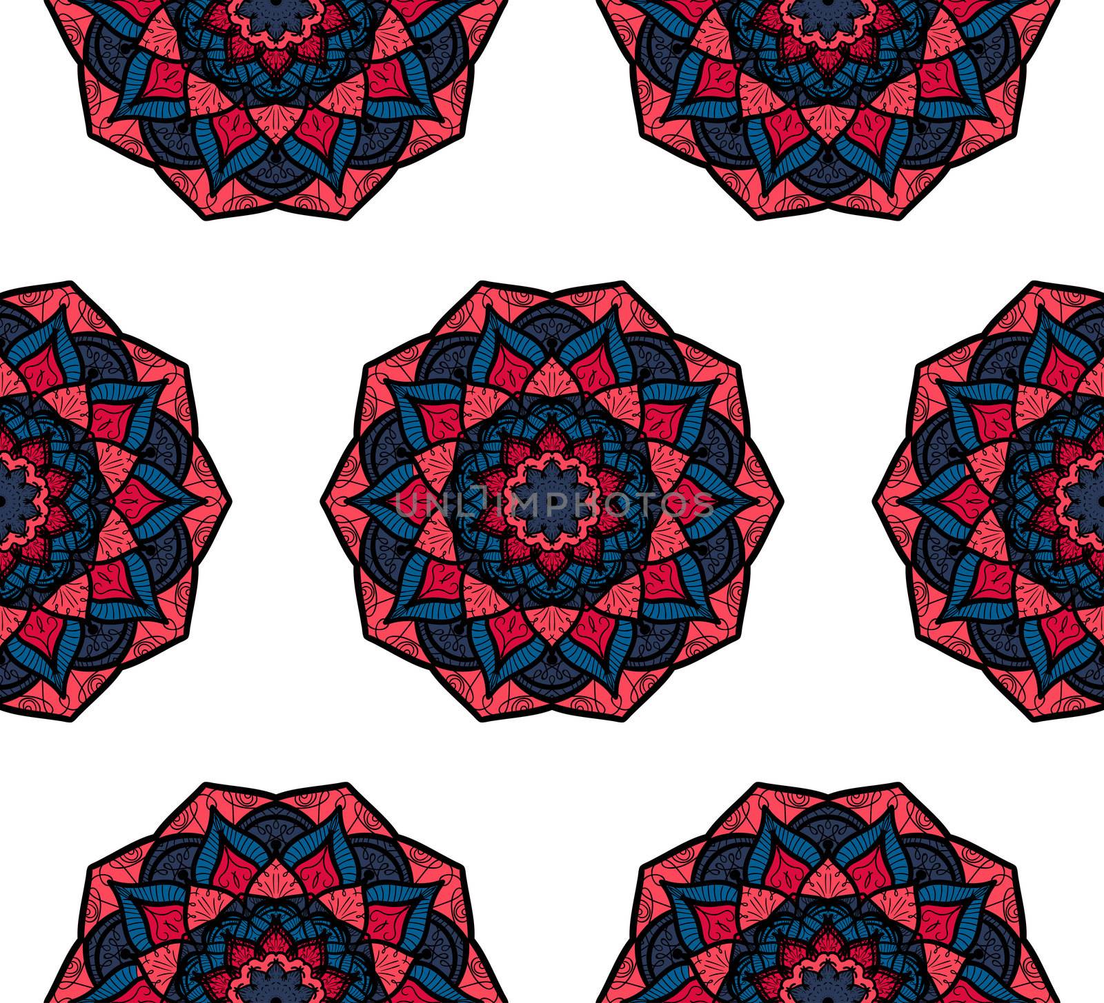 Hand drawn Mandala Seamless Pattern. Arabic, indian, turkish and ottoman culture decoration style. Ethnic ornamental background. Magic vintage template of greeting, card, print, cloth, tattoo. Vector