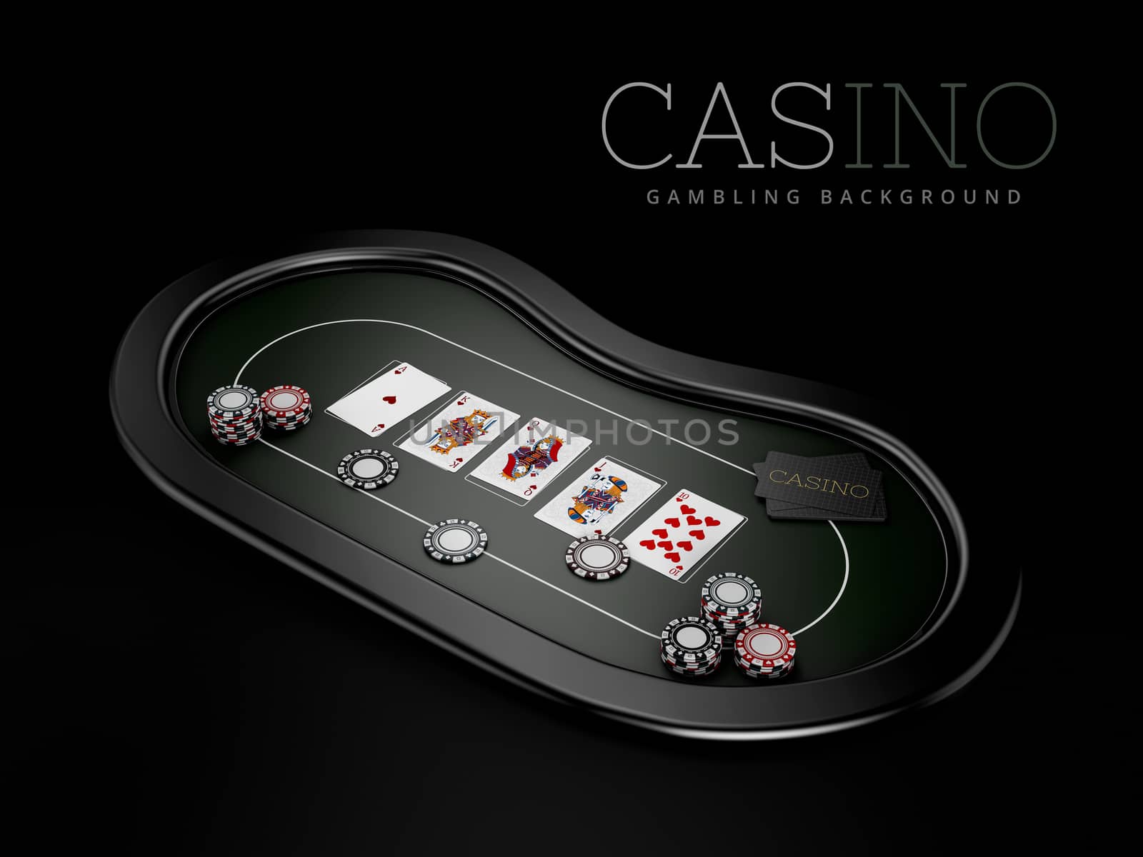 3d Rendering of Poker table with a combination of a straight flush with casino chips, clipping path included by tussik