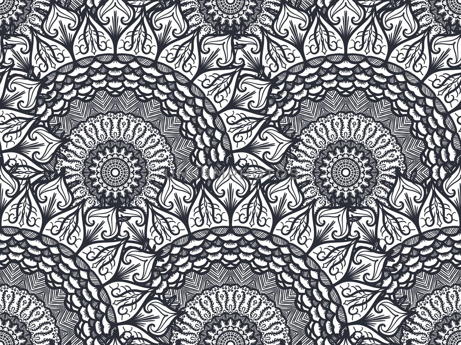 Hand drawn Black White Mandala Seamless Pattern. Arabic, indian, turkish and ottoman culture decoration style. Ethnic ornamental background. Vintage template of greeting, print, cloth, tattoo. Vector