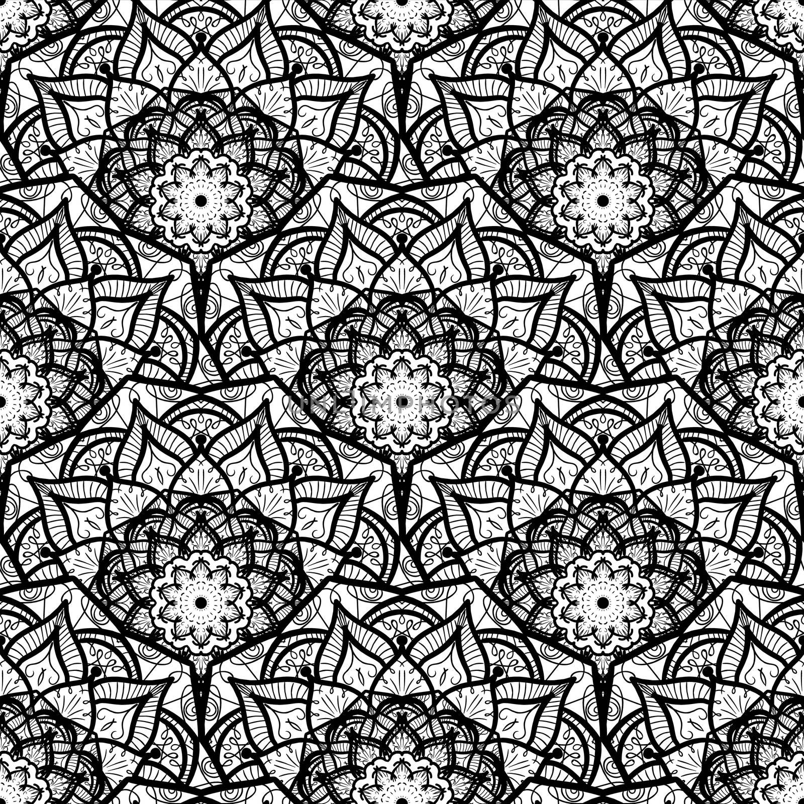 Hand drawn Black White Mandala Seamless Pattern. Arabic, indian, turkish and ottoman culture decoration style. Ethnic ornamental background. Vintage template of greeting, print, cloth, tattoo. Vector