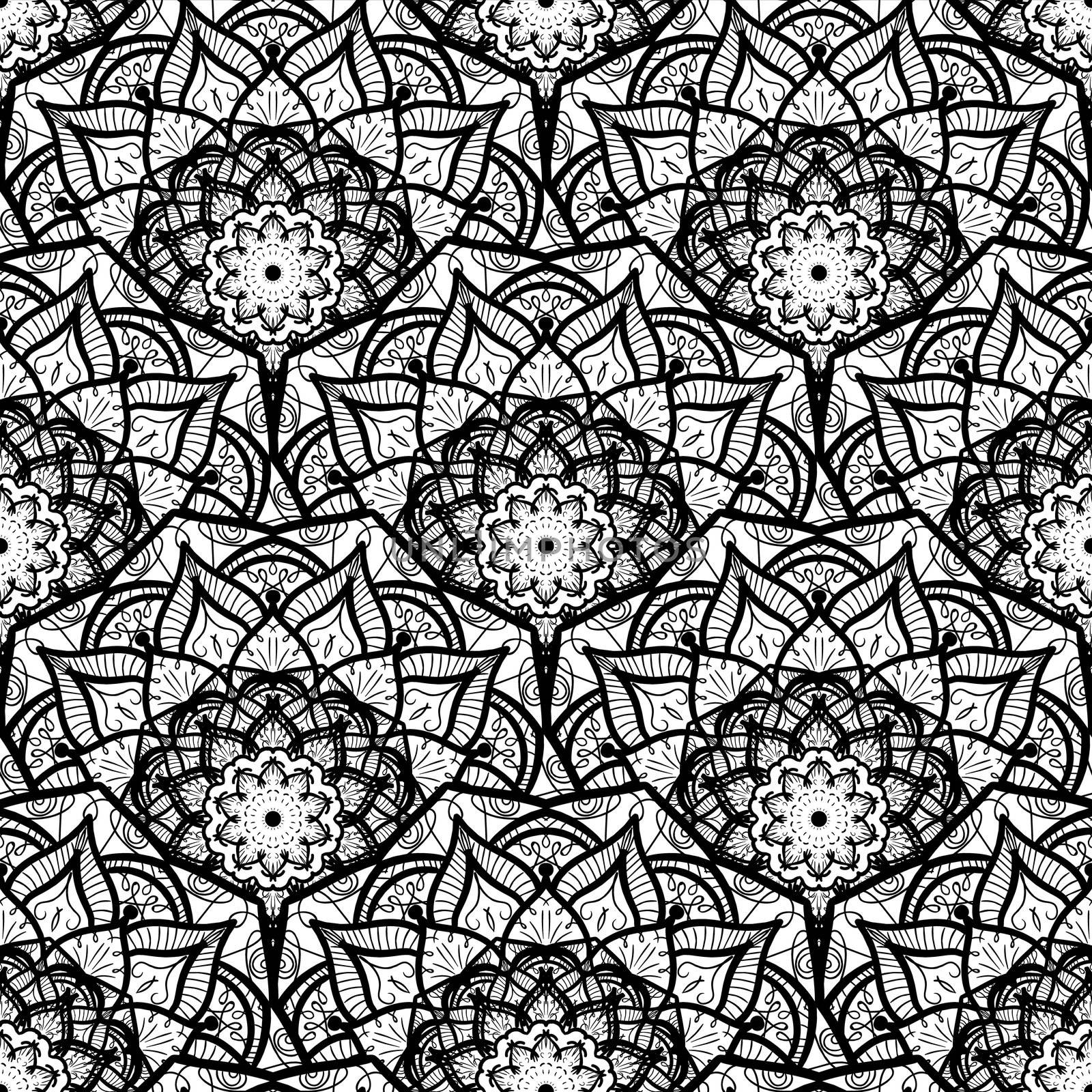 Hand drawn Black White Mandala Seamless Pattern. Arabic, indian, turkish and ottoman culture decoration style. Ethnic ornamental background. Vintage template of greeting, print, cloth, tattoo. Vector