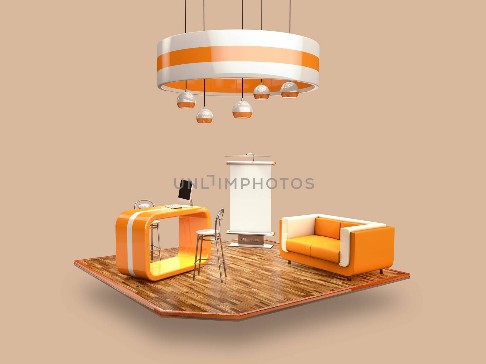 3d Rendering of stand, design with table and chair, info board, roll up. Clipping path included by tussik