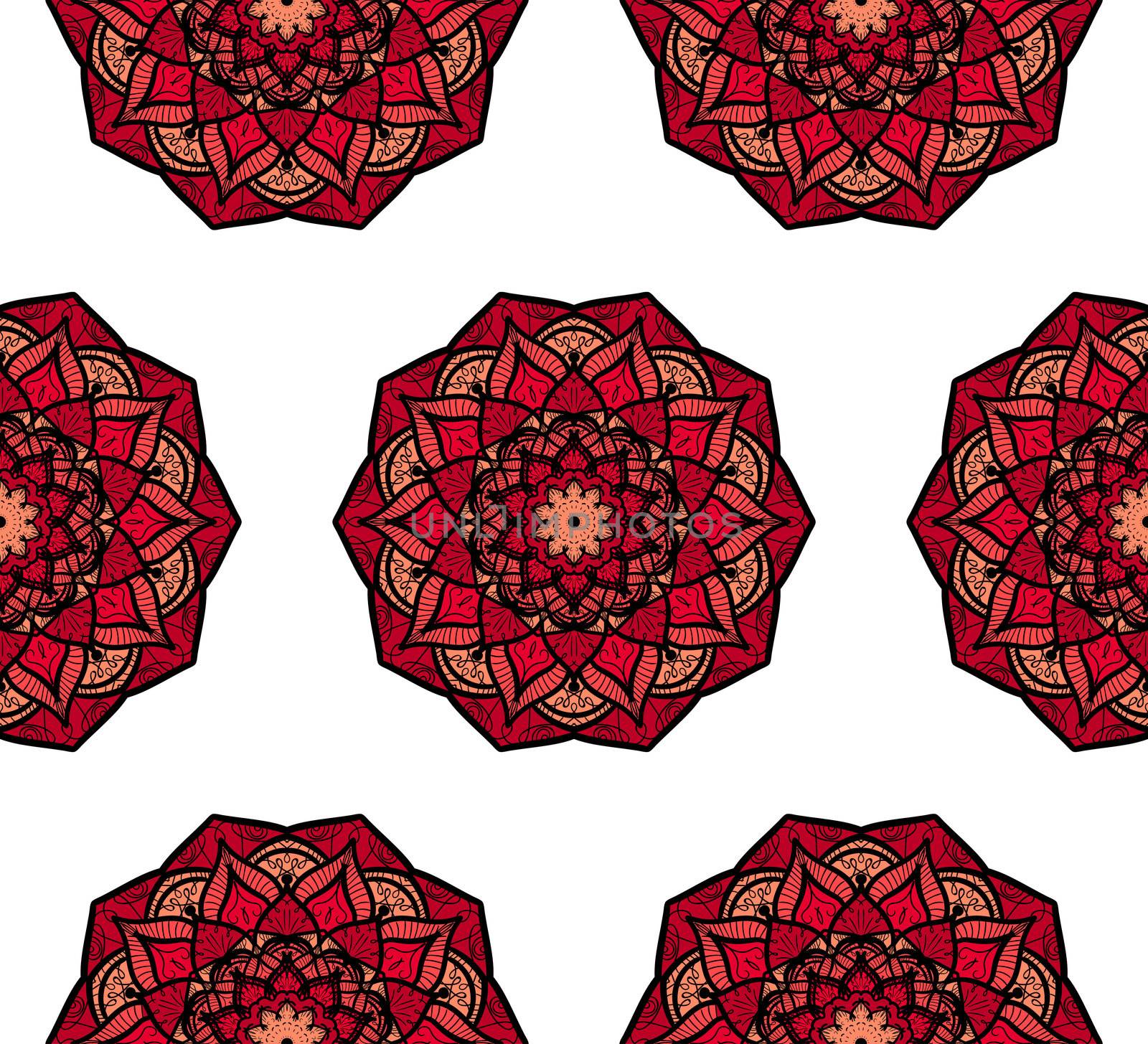 Hand drawn Mandala Seamless Pattern. Arabic, indian, turkish and ottoman culture decoration style. Ethnic ornamental background. Magic vintage template of greeting, card, print, cloth, tattoo. Vector