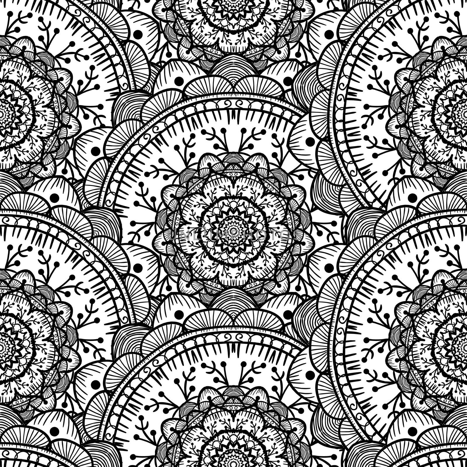 Hand drawn Black White Mandala Seamless Pattern. Arabic, indian, turkish and ottoman culture decoration style. Ethnic ornamental background. Vintage template of greeting, print, cloth, tattoo. Vector