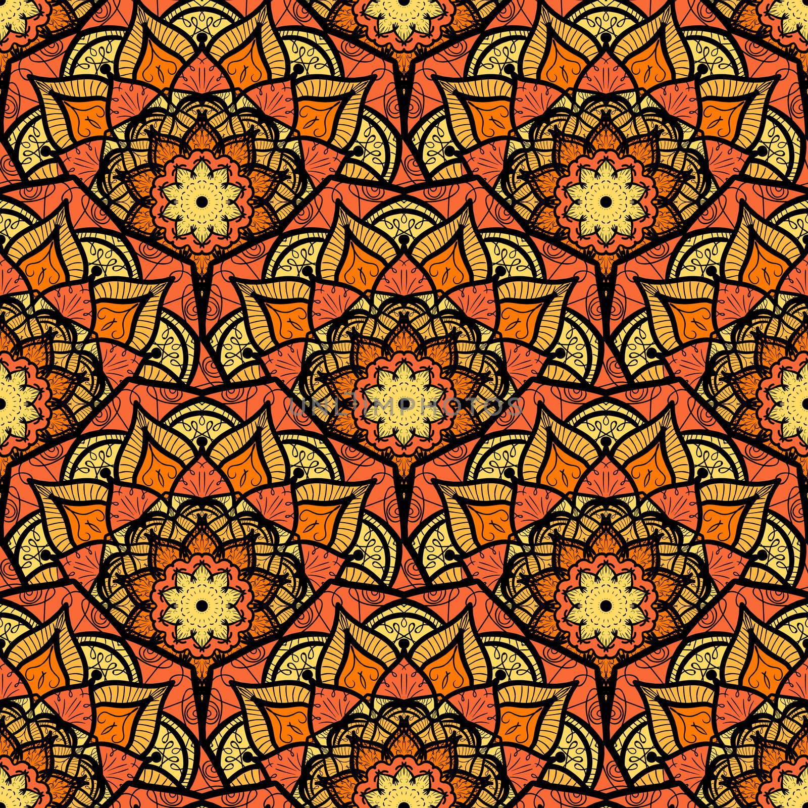 Hand drawn Mandala Seamless Pattern. Arabic, indian, turkish and ottoman culture decoration style. Ethnic ornamental background. Magic vintage template of greeting, card, print, cloth, tattoo. Vector