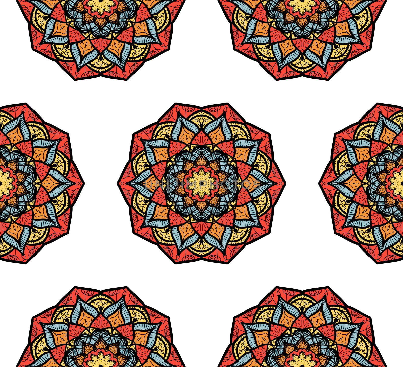 Hand drawn Mandala Seamless Pattern. Arabic, indian, turkish and ottoman culture decoration style. Ethnic ornamental background. Magic vintage template of greeting, card, print, cloth, tattoo. Vector