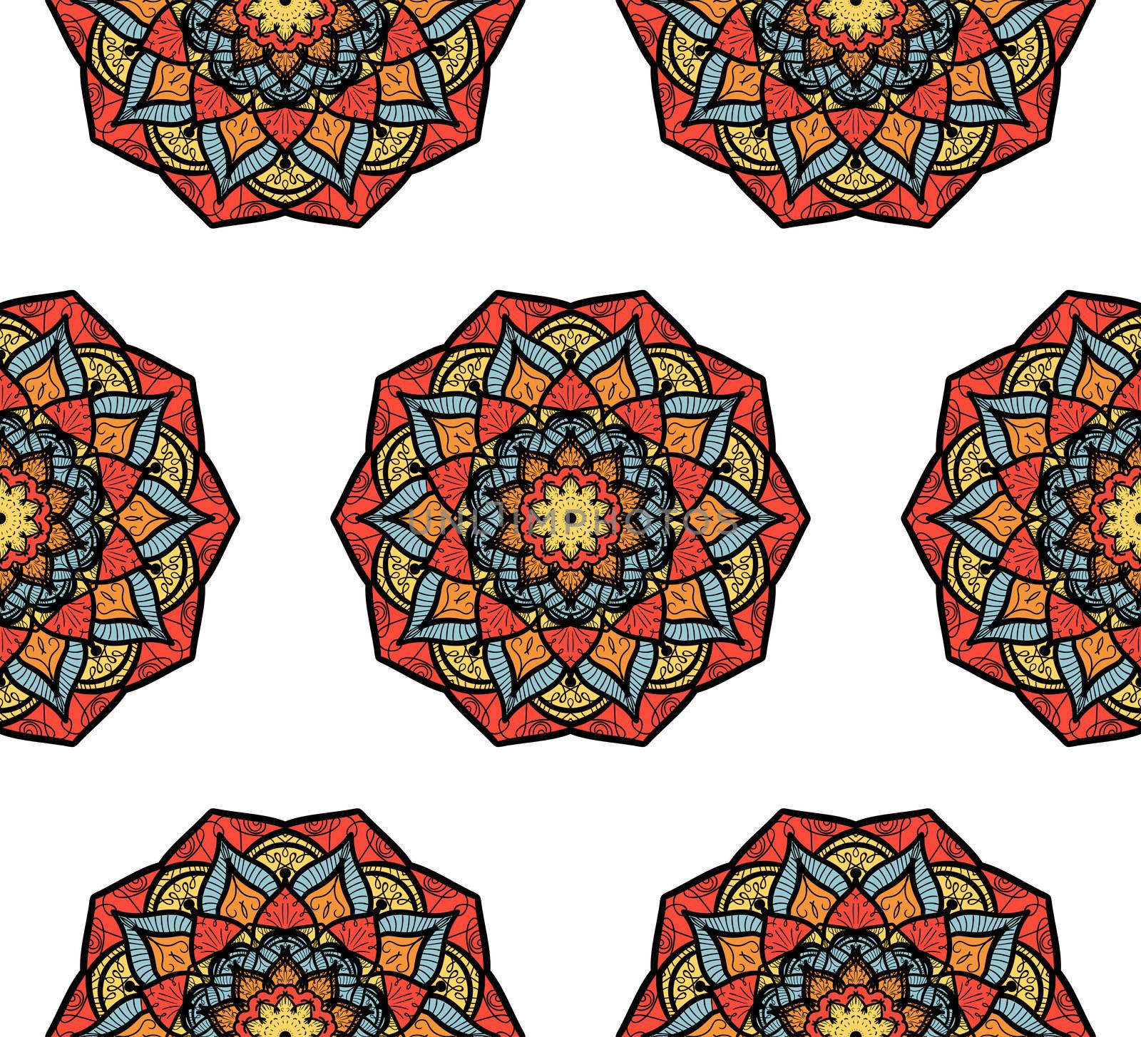 Hand drawn Mandala Seamless Pattern. Arabic, indian, turkish and ottoman culture decoration style. Ethnic ornamental background. Magic vintage template of greeting, card, print, cloth, tattoo. Vector