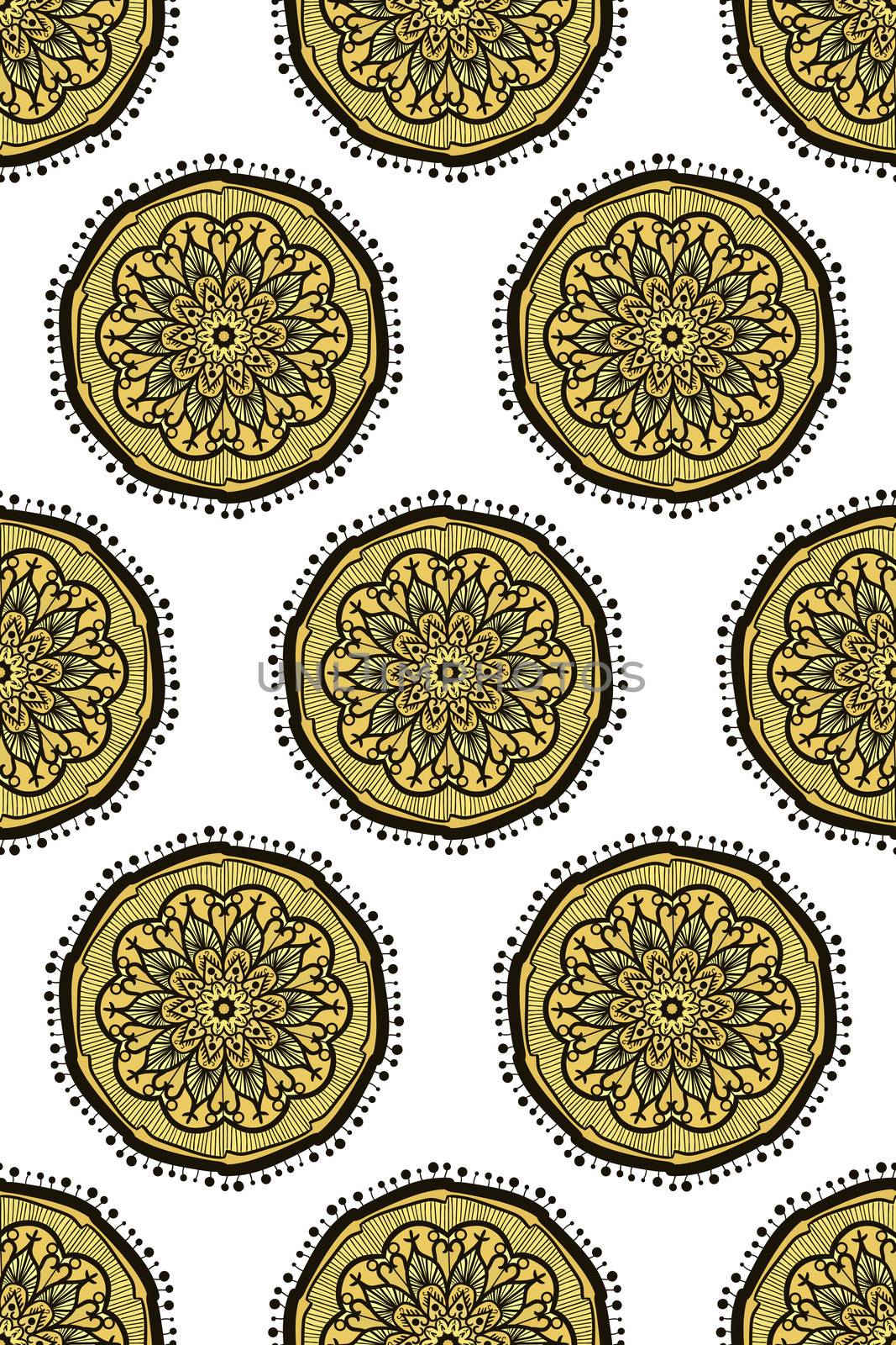 Hand drawn Gold Mandala Seamless Pattern. Arabic, indian, turkish and ottoman culture decoration style. Ethnic ornamental background. Magic vintage template of greeting, print, cloth, tattoo. Vector
