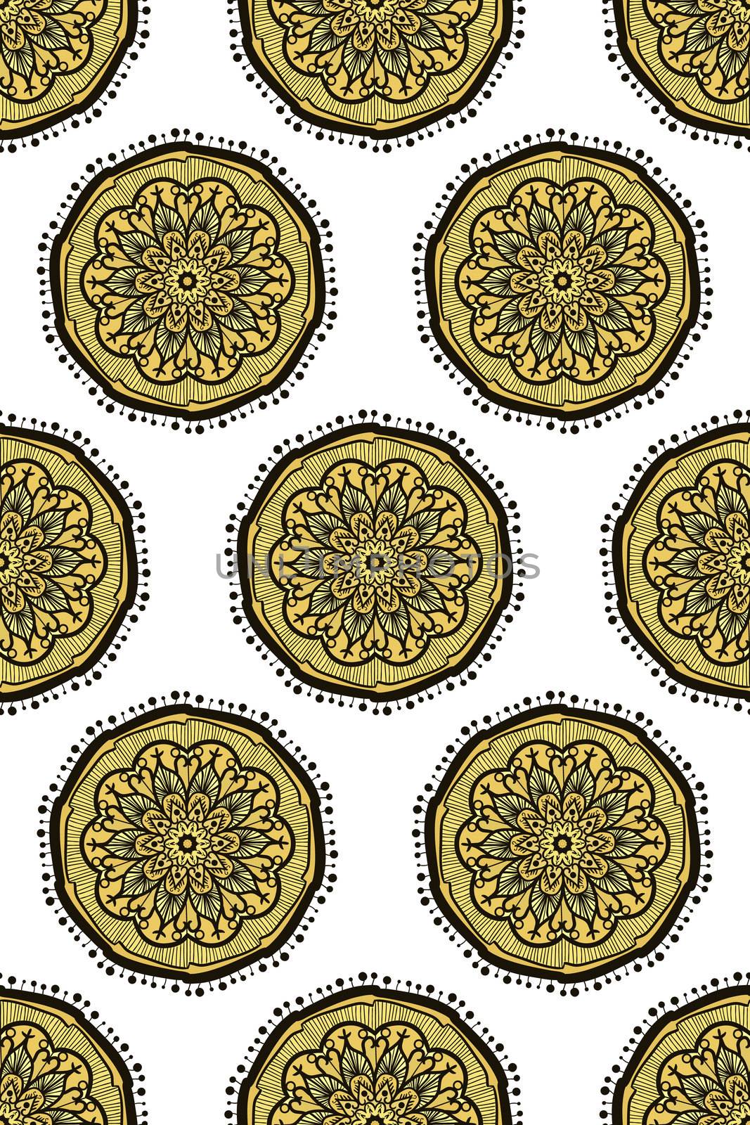 Hand drawn Gold Mandala Seamless Pattern. Arabic, indian, turkish and ottoman culture decoration style. Ethnic ornamental background. Magic vintage template of greeting, print, cloth, tattoo. Vector