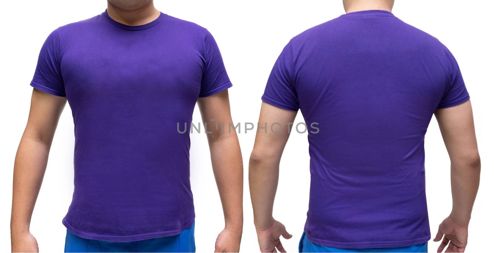 Purple blank  t-shirt on human body for graphic design mock up