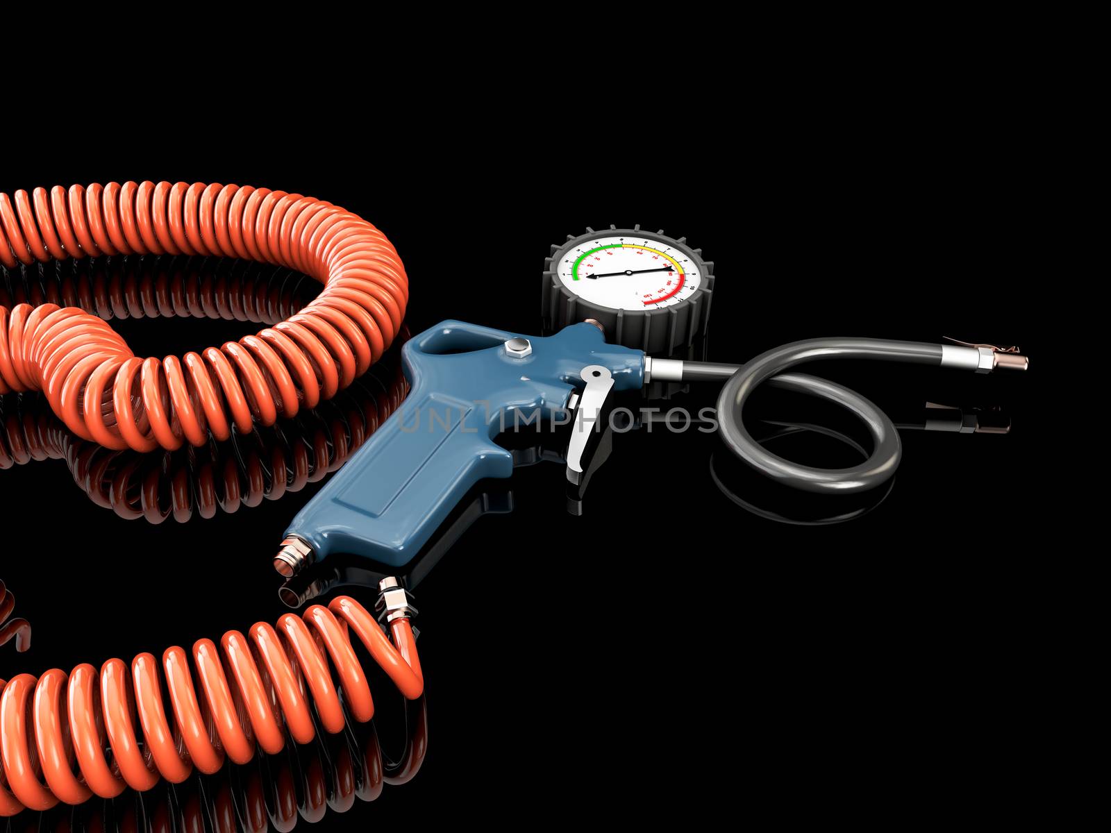 3d Rendering of air compressor gun with manometer isolated on a gray background