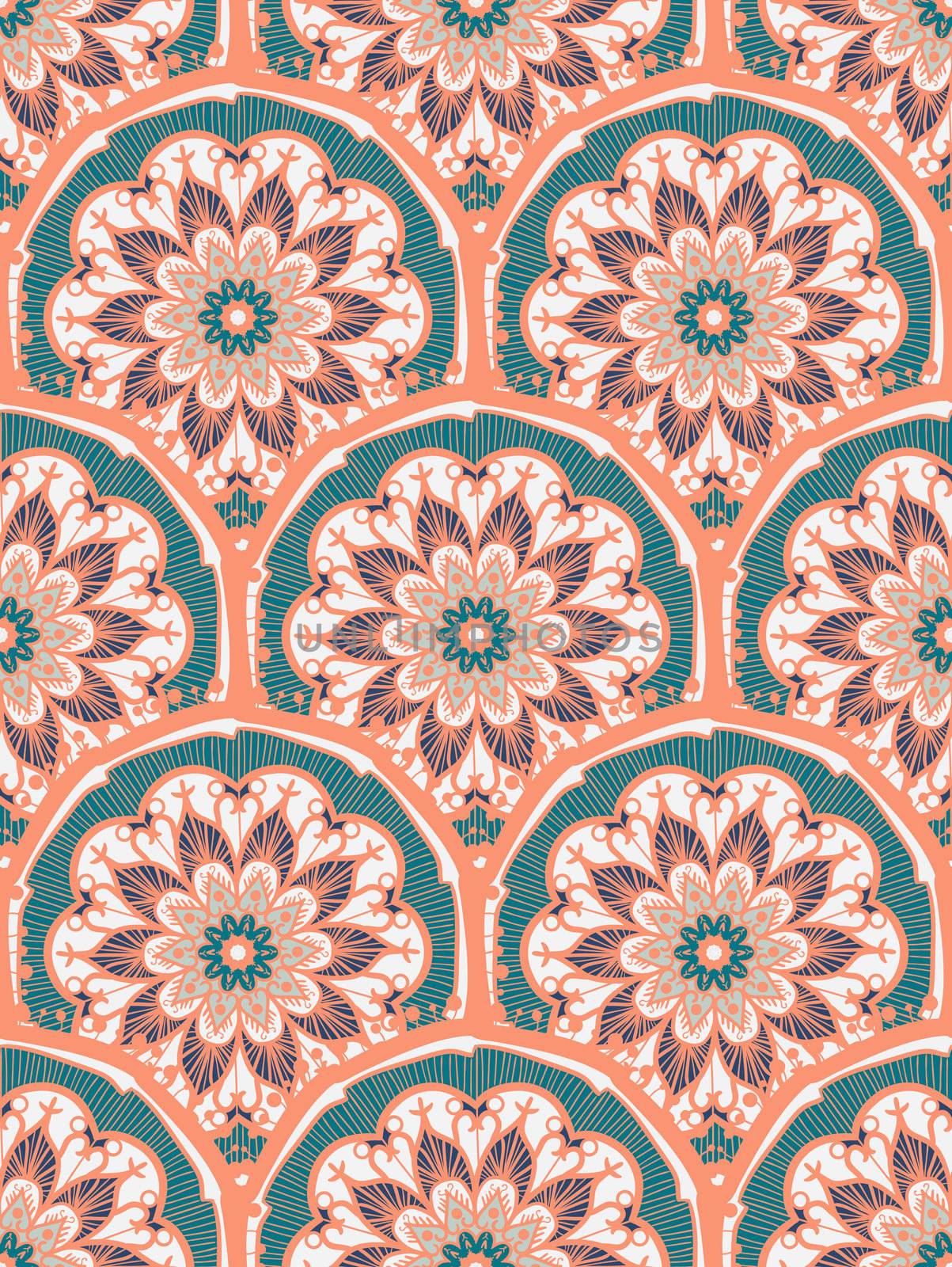Hand drawn Mandala Seamless Pattern. Arabic, indian, turkish and ottoman culture decoration style. Ethnic ornamental background. Magic vintage template of greeting, card, print, cloth, tattoo. Vector