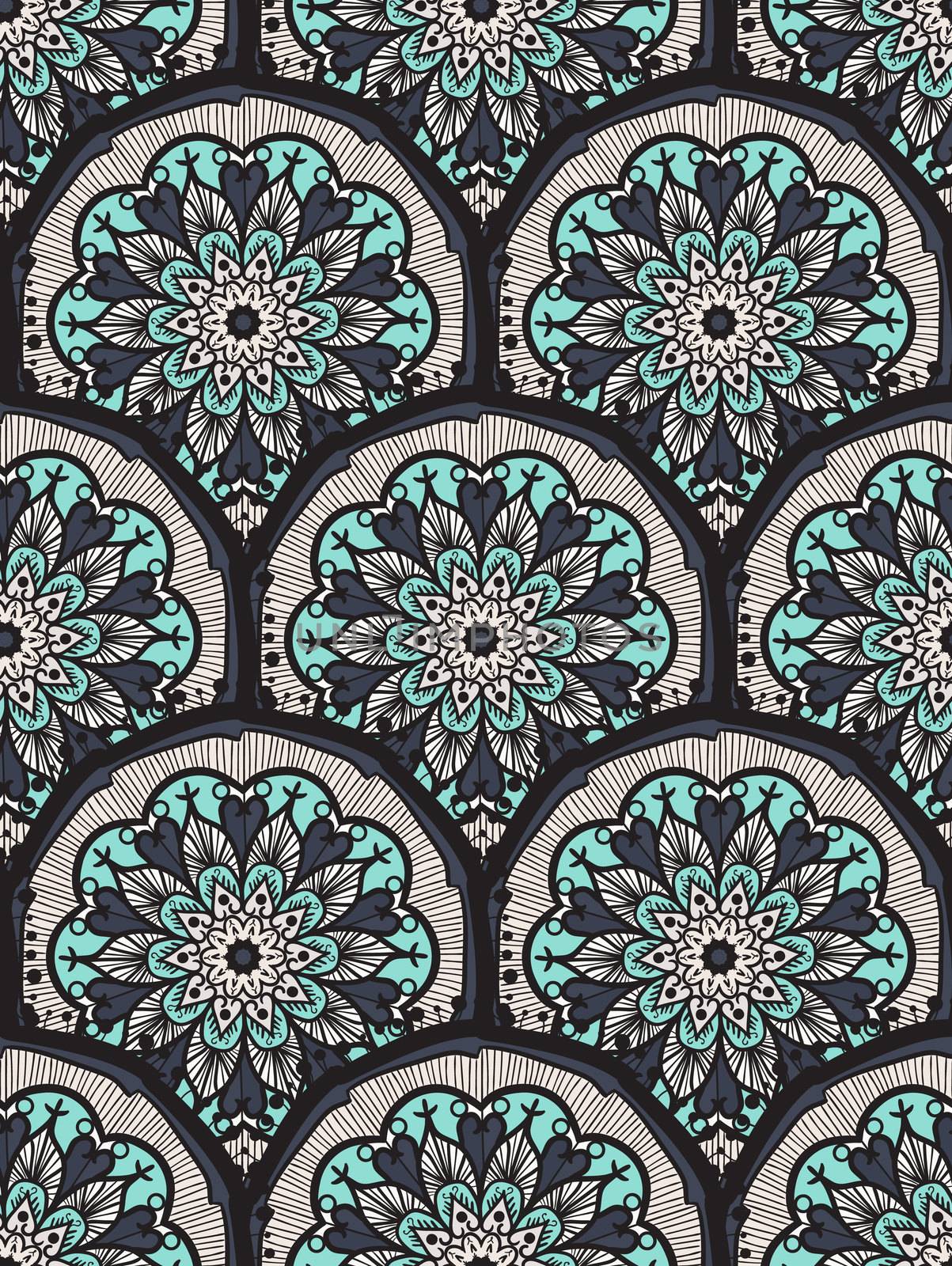 Hand drawn Mandala Seamless Pattern. Arabic, indian, turkish and ottoman culture decoration style. Ethnic ornamental background. Magic vintage template of greeting, card, print, cloth, tattoo. Vector