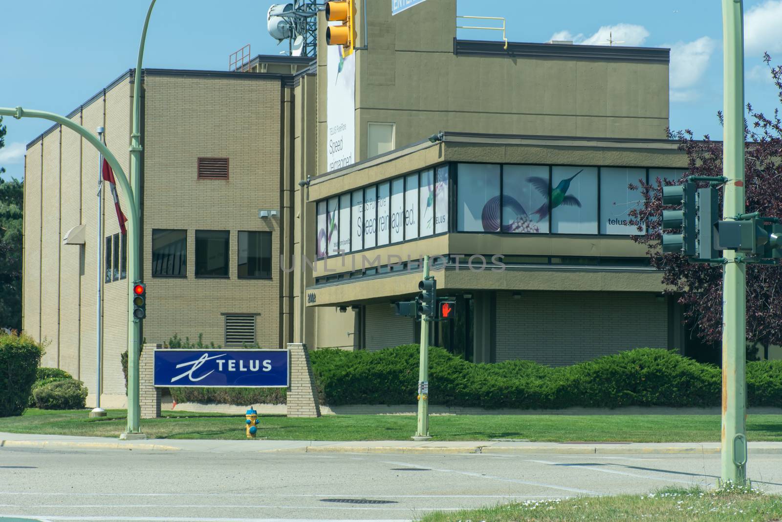 "Kelowna, British Columbia, Canada - 07/30/2019: Telus communications building for internet and phone service in Canada"