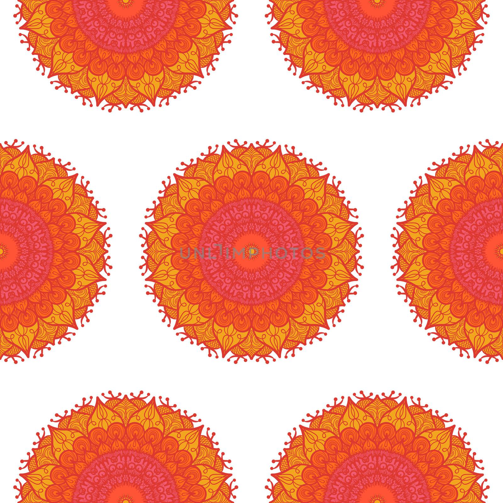 Hand drawn Mandala Seamless Pattern. Arabic, indian, turkish and ottoman culture decoration style. Ethnic ornamental background. Magic vintage template of greeting, card, print, cloth, tattoo. Vector
