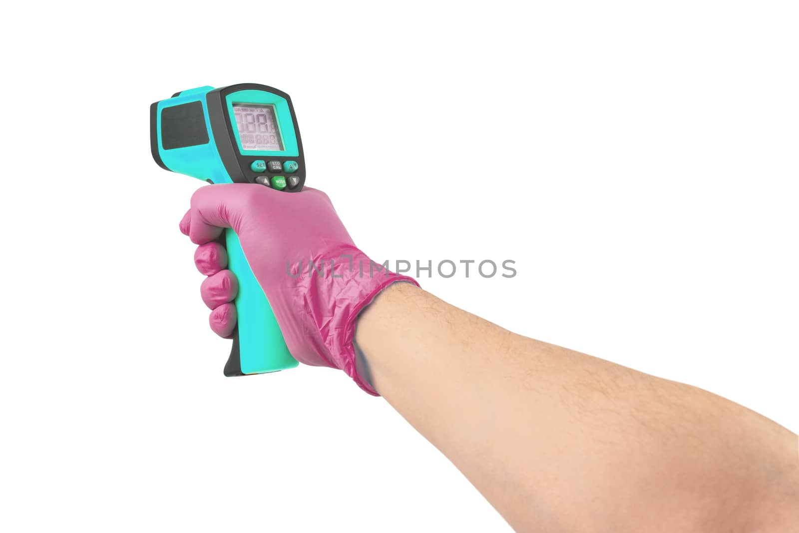 hand in purple medical latex glove aiming with infrared contactless thermometer isolated on white background, mockup display state with all on by z1b