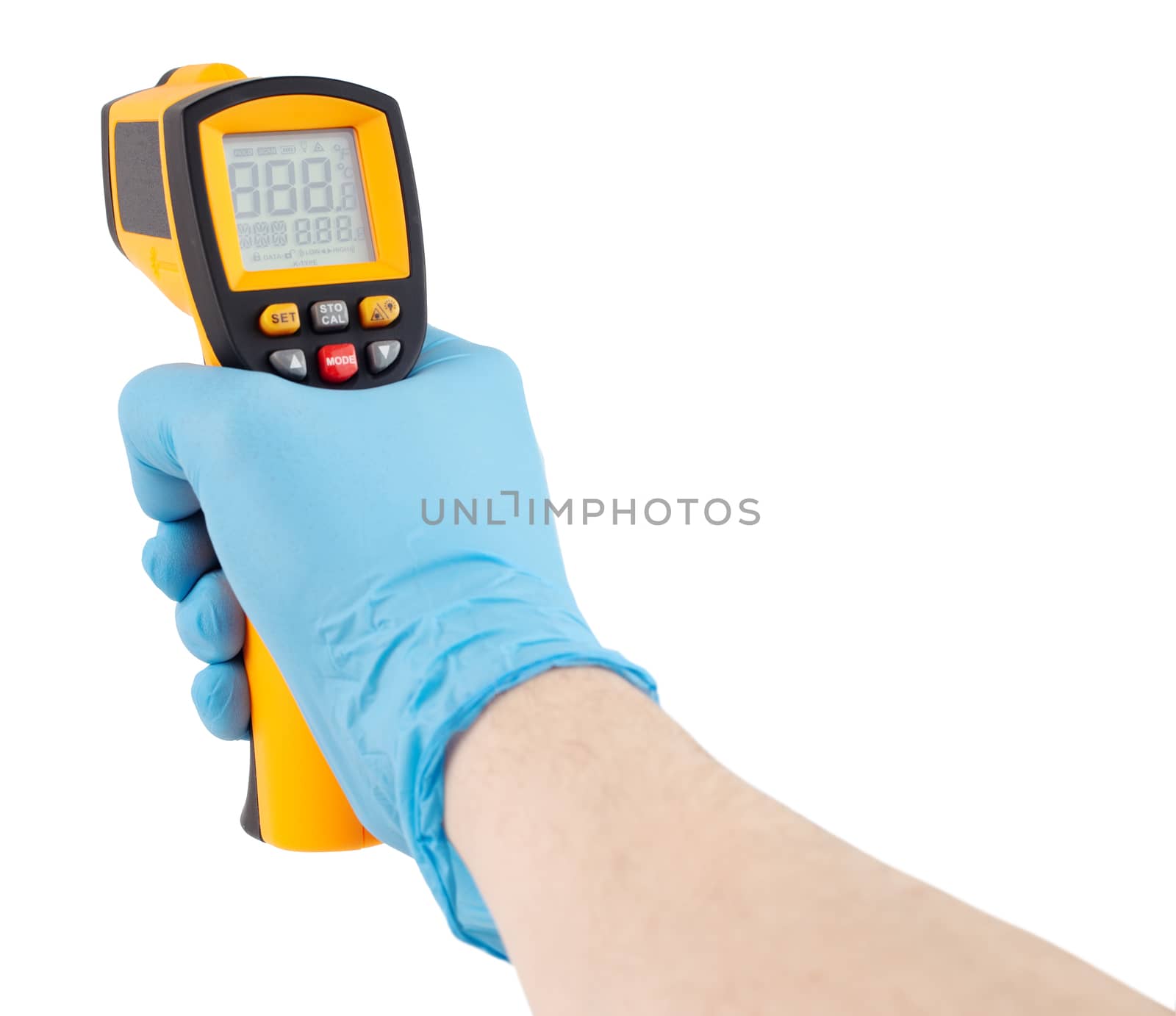 hand in blue medical latex glove aiming with infrared contactless thermometer isolated on white background, mockup display state with all on by z1b