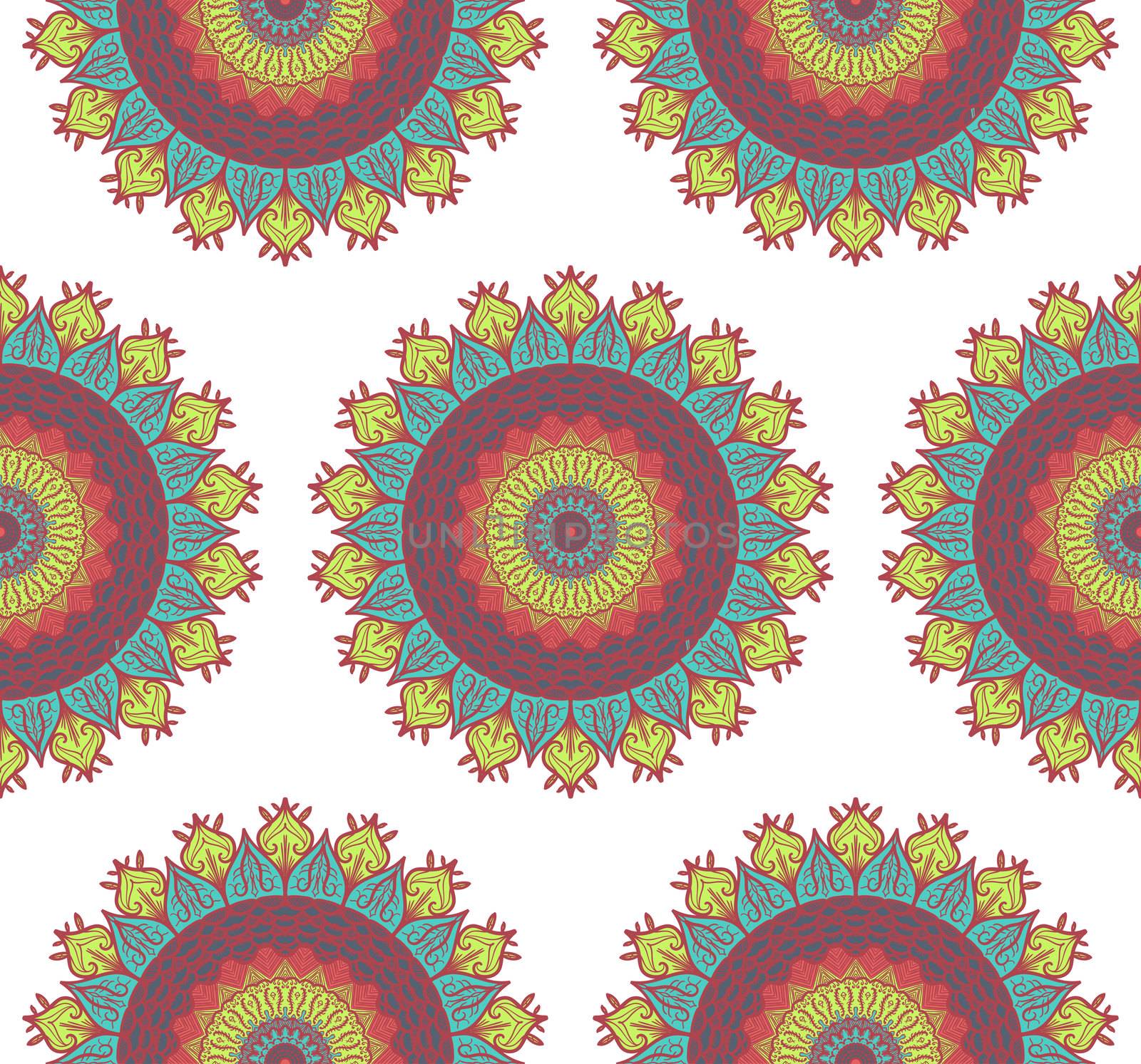 Hand drawn Mandala Seamless Pattern. Arabic, indian, turkish and ottoman culture decoration style. Ethnic ornamental background. Magic vintage template of greeting, card, print, cloth, tattoo. Vector