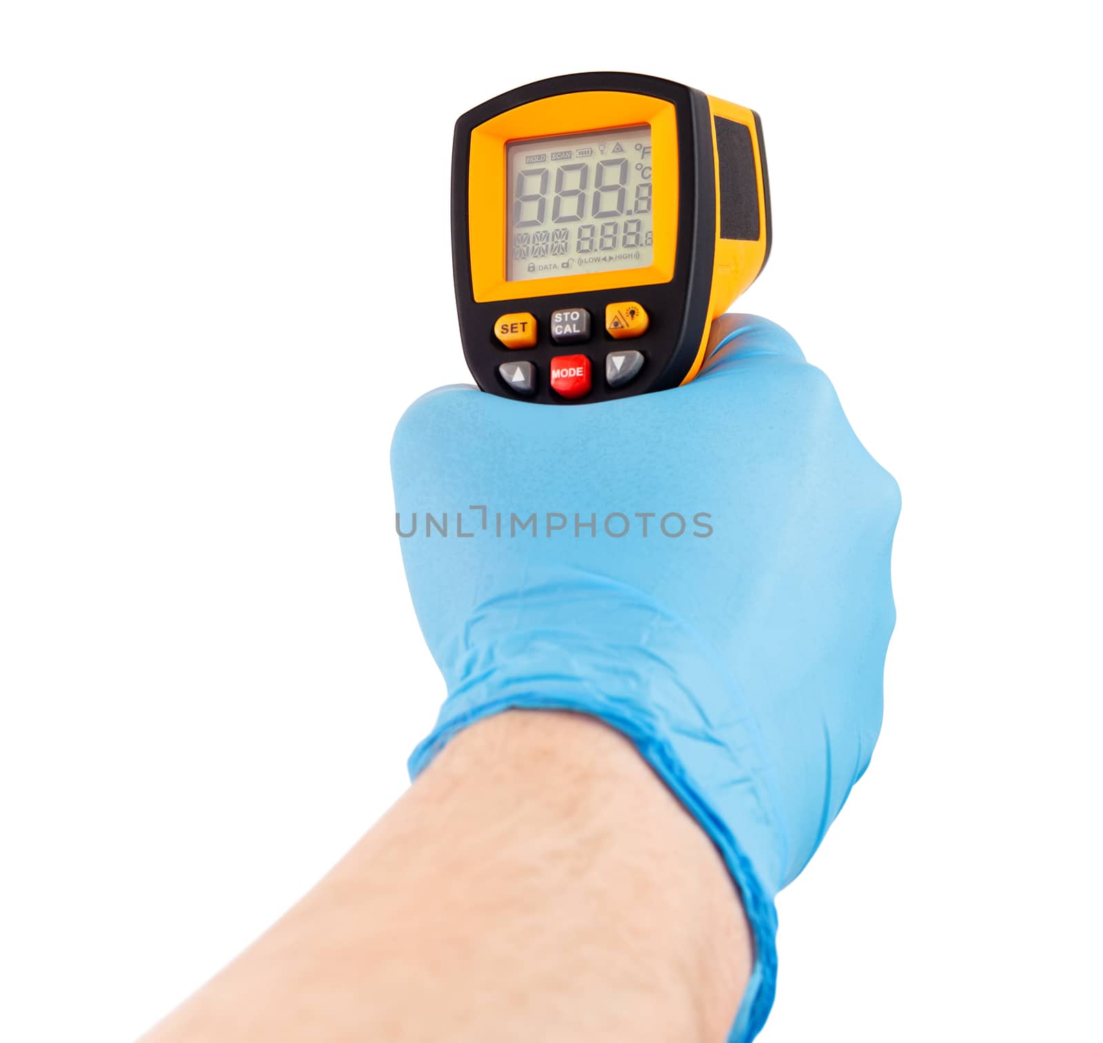 hand in blue medical latex glove aiming with yellow infrared contactless thermometer isolated on white background, mockup display state with all on by z1b
