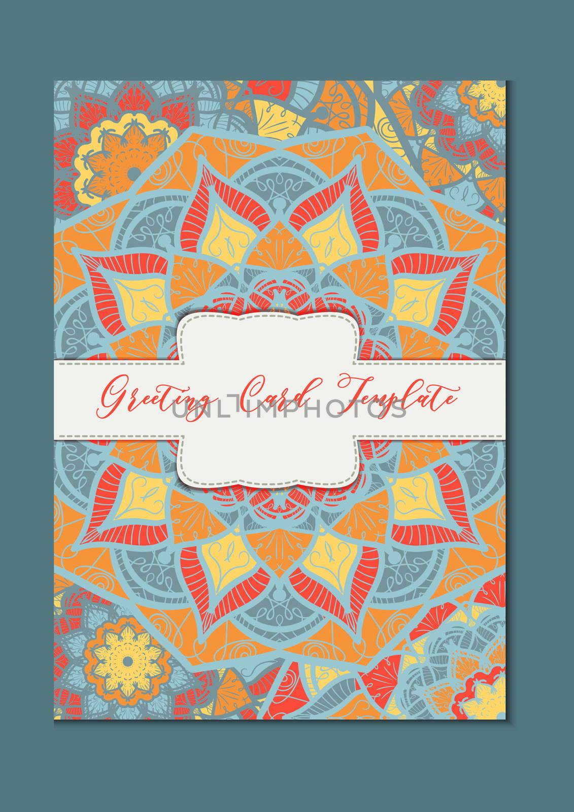 Mandala vintage template card in arabic and indian, islam and ottoman, turkish, asian style for brochure, flyer, greeting, invitation card, cover. Format A4. Floral holiday ornamental design. Vector