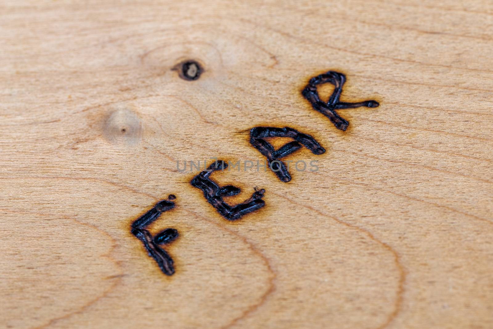 the word fear burned by hand on flat wooden board in diagonal composition, selective focus and background blur