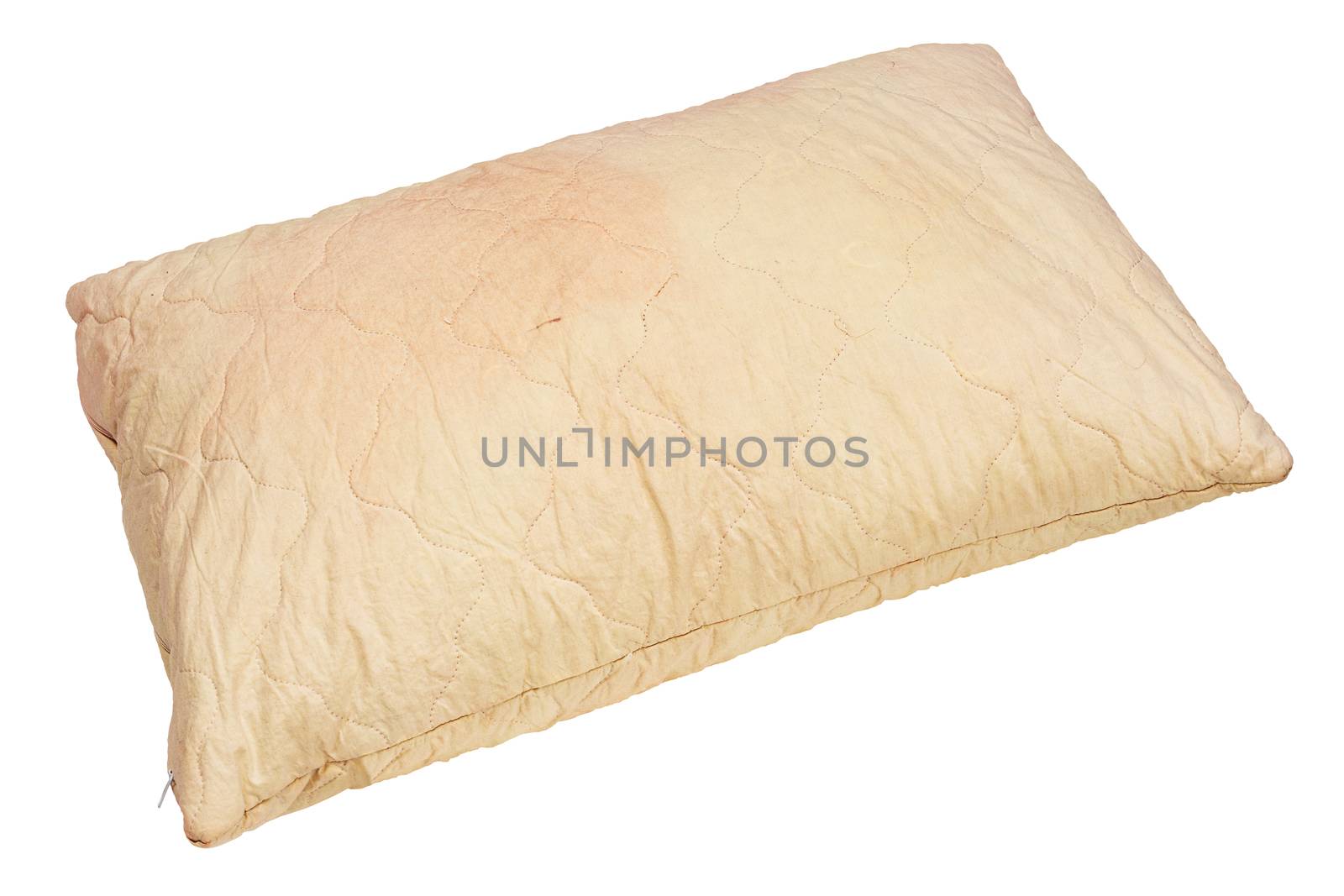 dirty used spotted pillow isolated on white background in diagonal composition by z1b