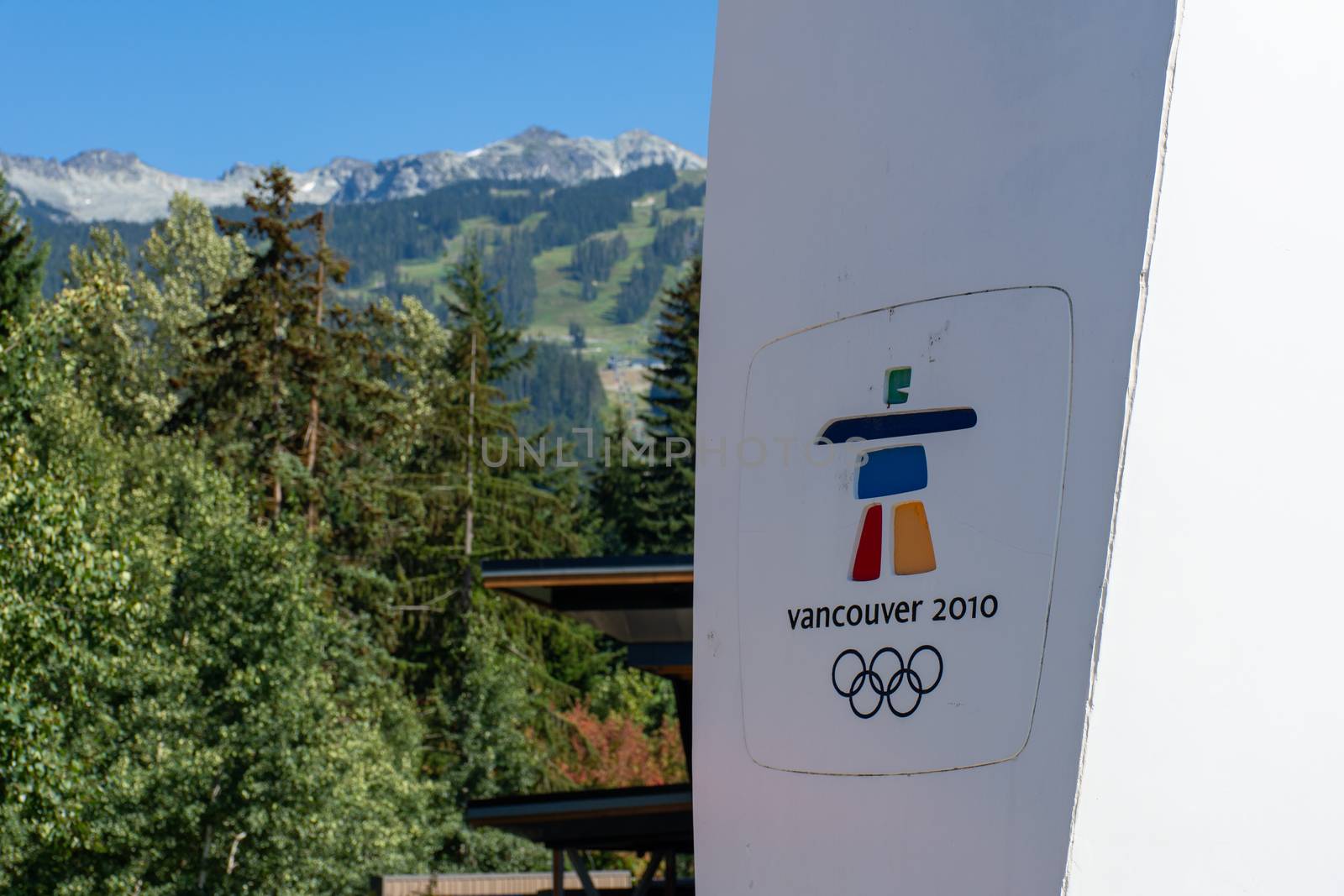 Whistler village Vancouver 2010 Olympics sign looking towards th by kingmaphotos