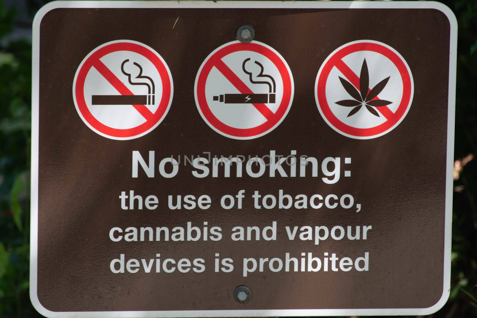 No Smoking, vaping, or use of weed/marijuana/pot/cannabis sign in a local park.